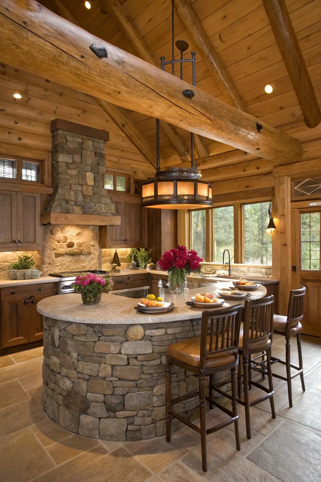 A captivating circular stone island serves as the principal focal attribute of this cooking space.