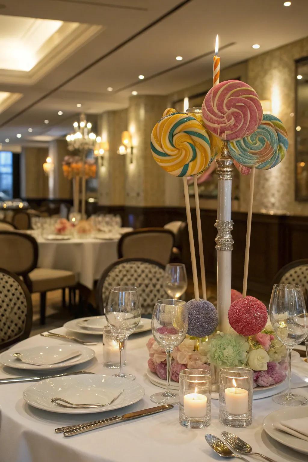 Lighting fixtures provide a sophisticated base for candy displays.