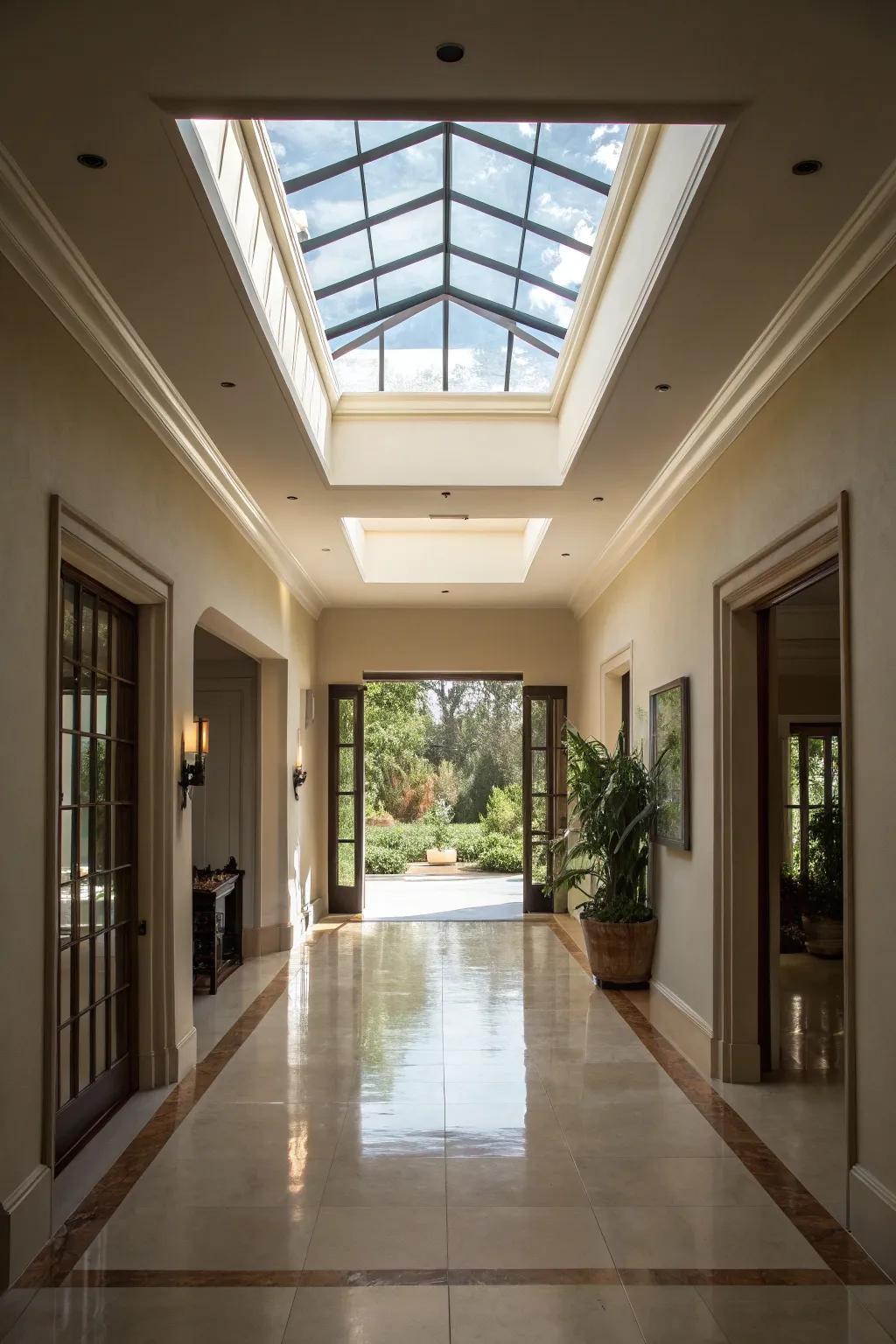 Natural light from a skylight enhances the openness of this long entryway.