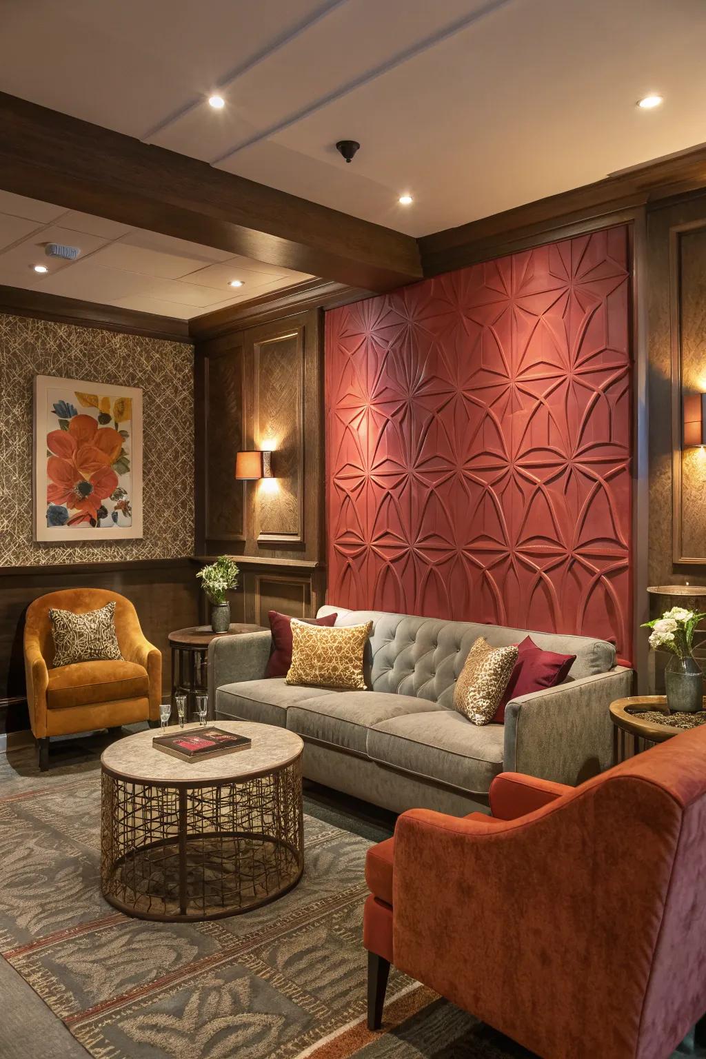 An accent wall adds depth and a striking focal point to the living room.