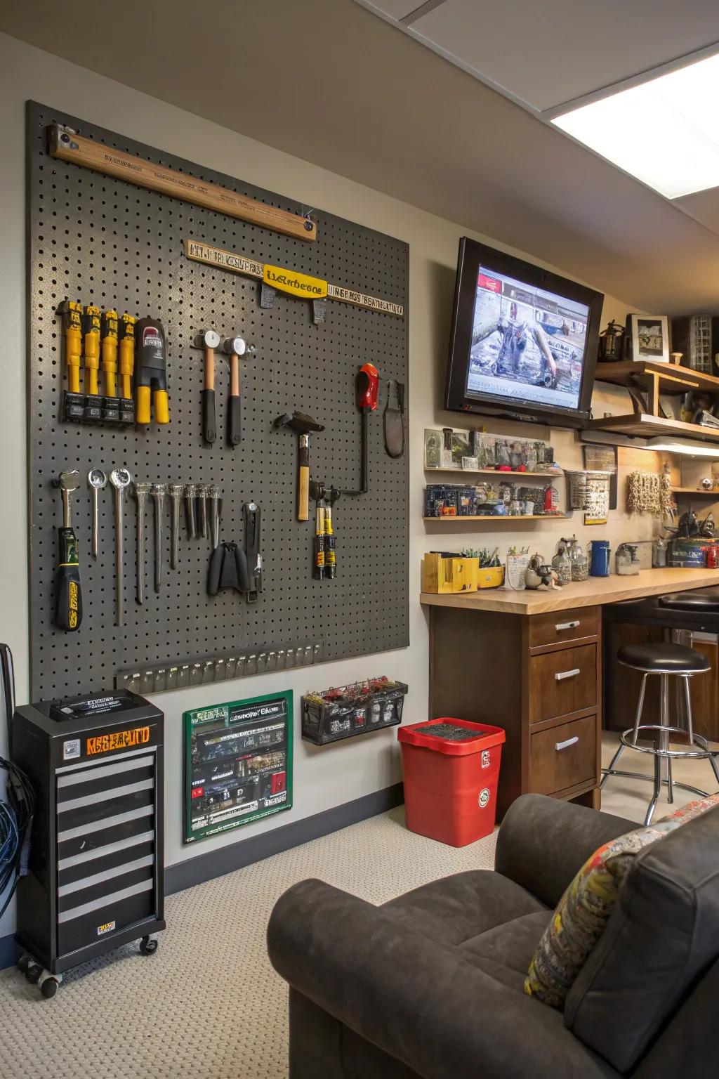 A pegboard offers both functionality and flair.
