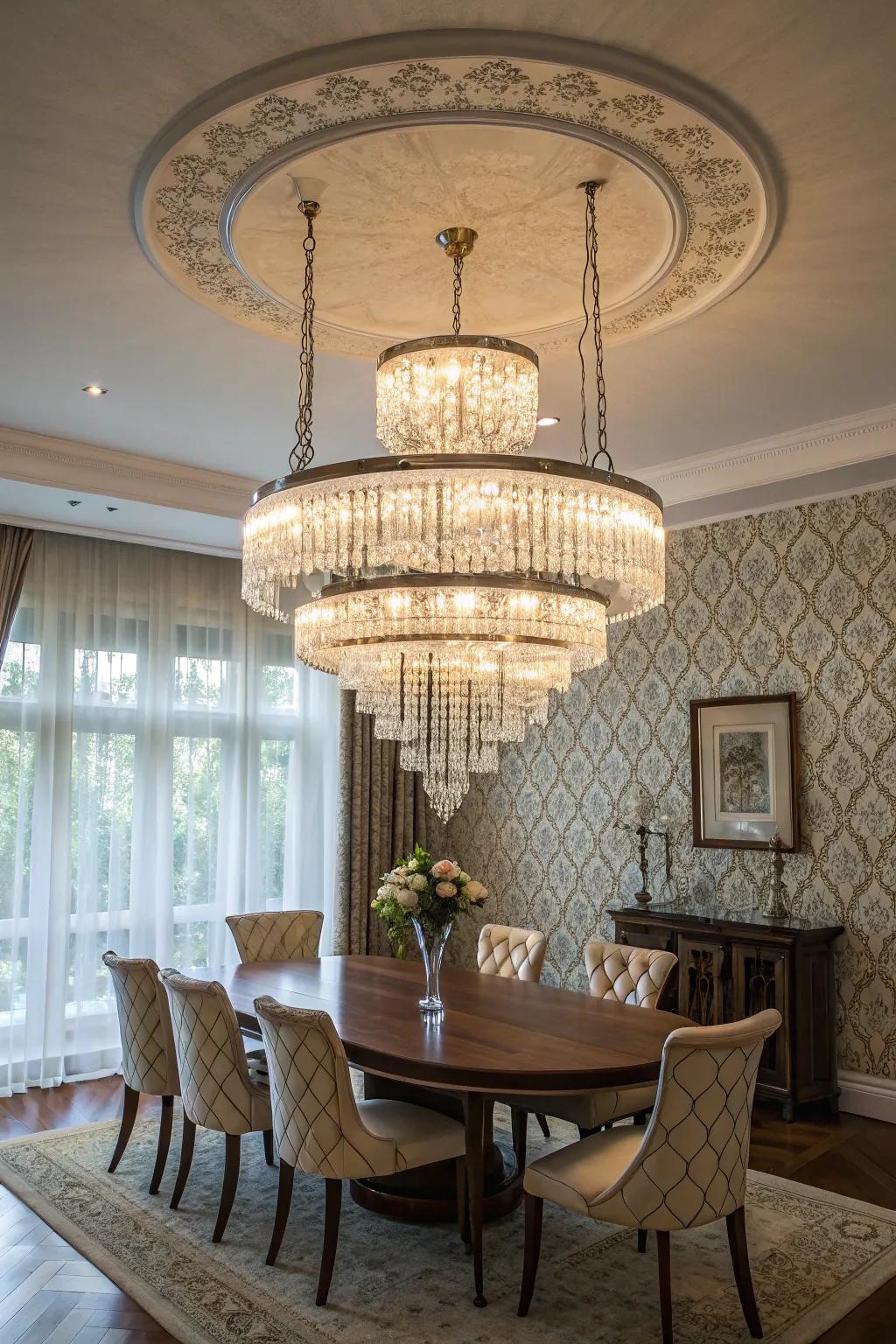 A multi-tiered chandelier brings drama to a dining room.