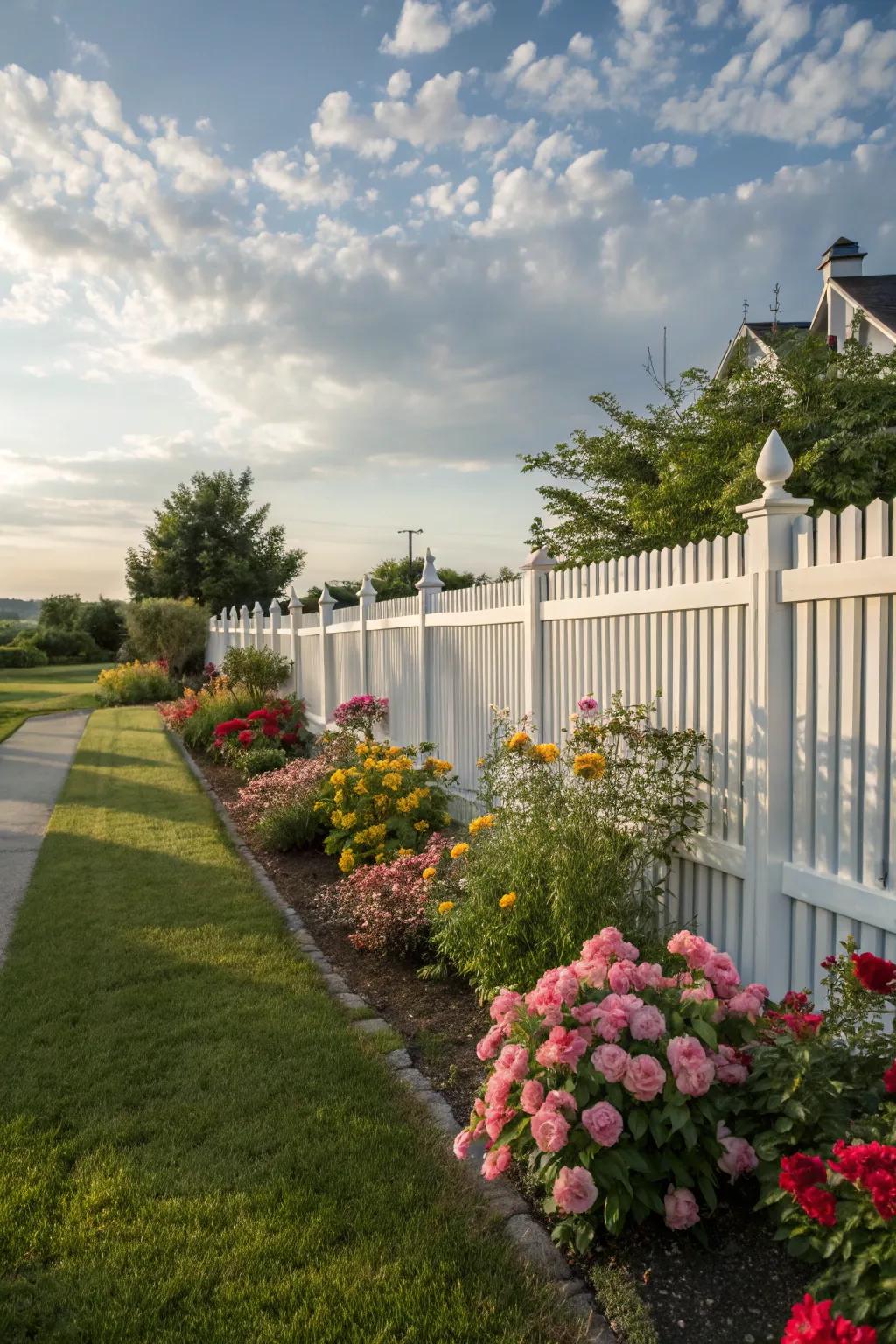 A vinyl picket barrier delivers a quintessential look with minimal upkeep.