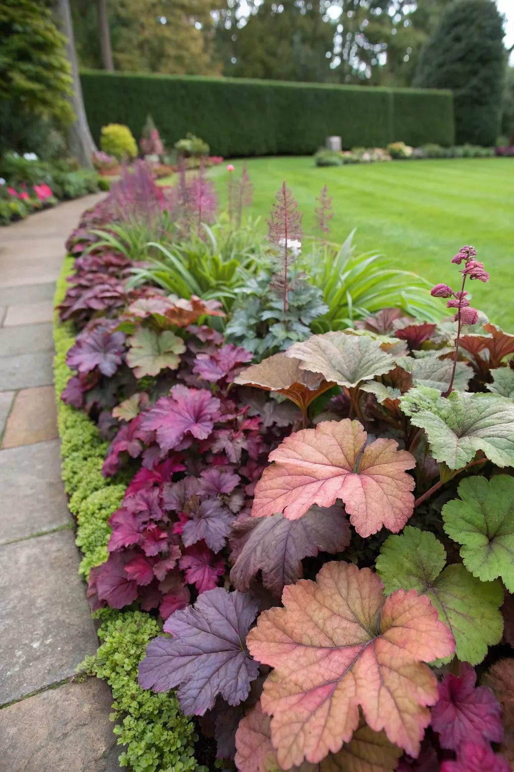 Heuchera adds vibrant foliage to garden borders.