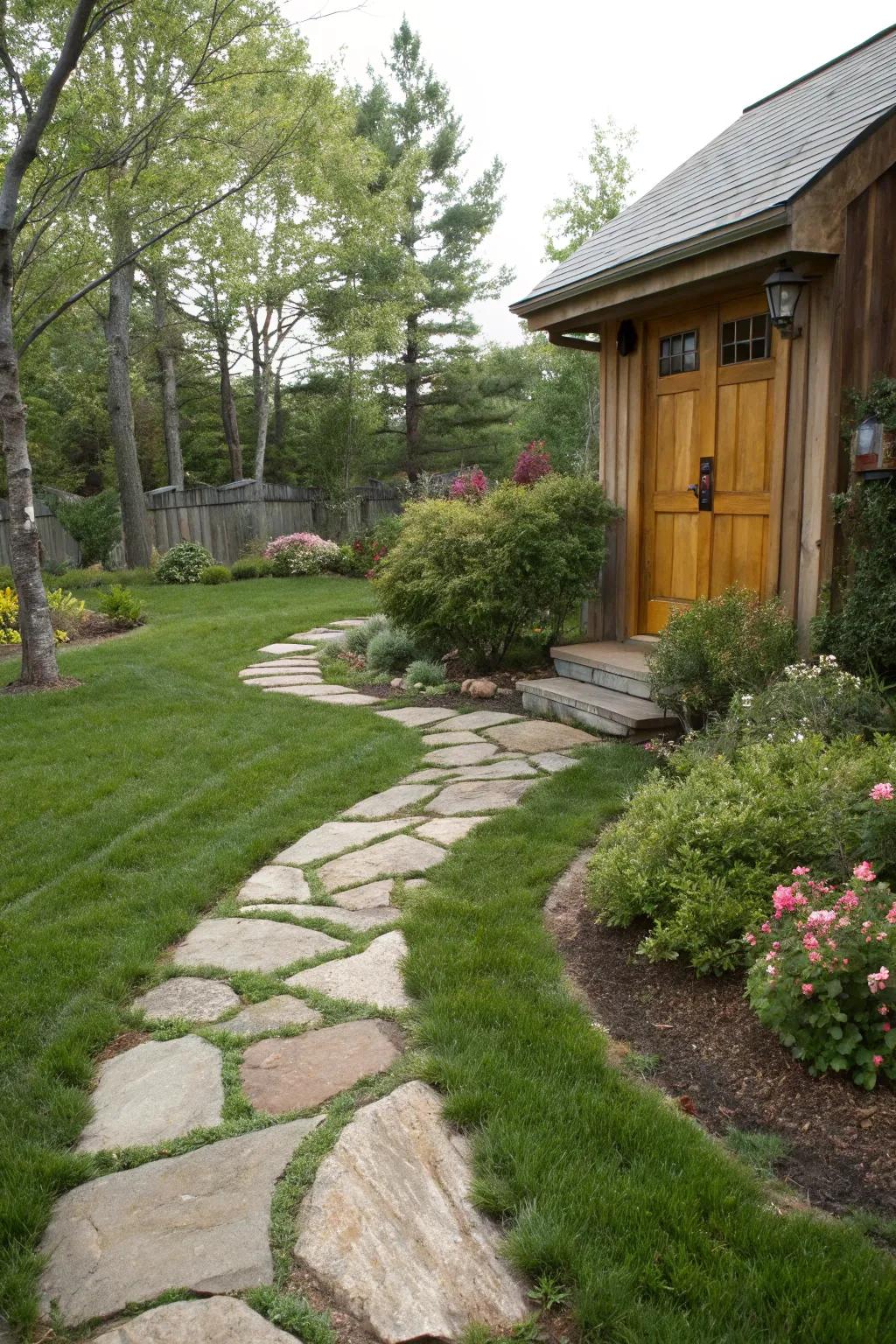 A pathway composed of natural stone, exuding a rustic and welcoming charm.