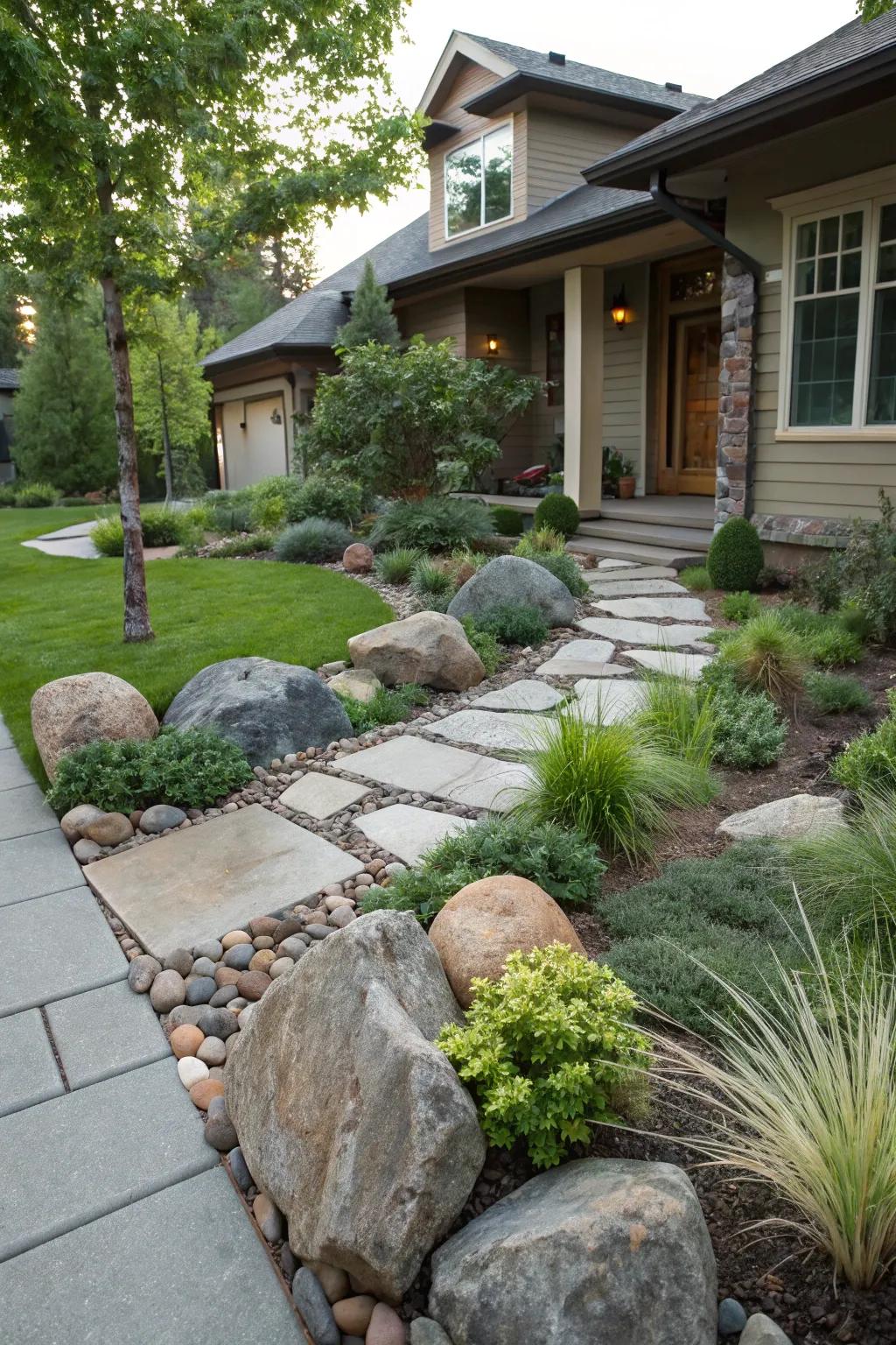 Symmetric stone and plant layout for harmony.