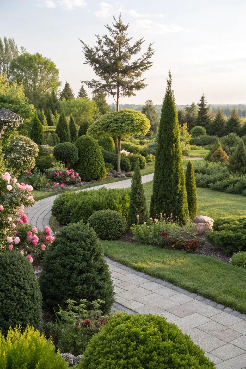 Green plants provide year-round structure amidst perennials.