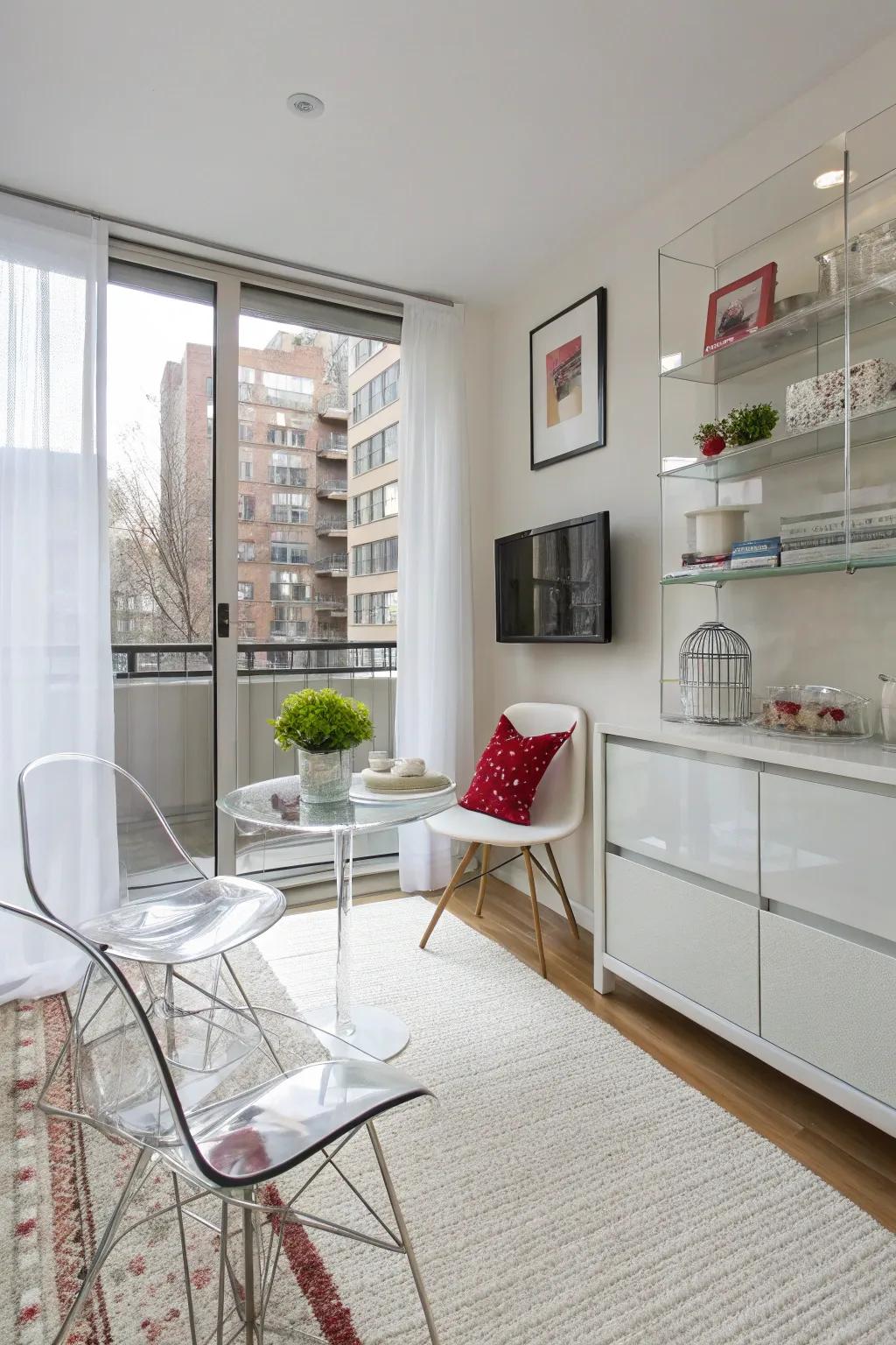 Clear acrylic furniture is perfect for small spaces.
