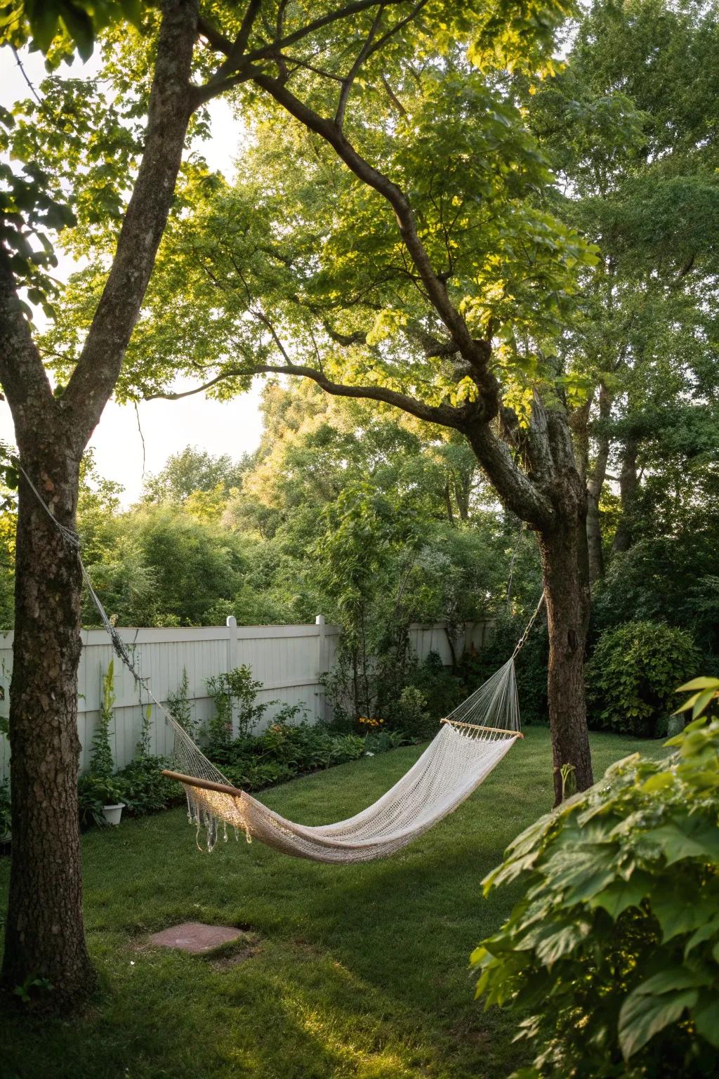A hammock inviting relaxation in a lush garden.