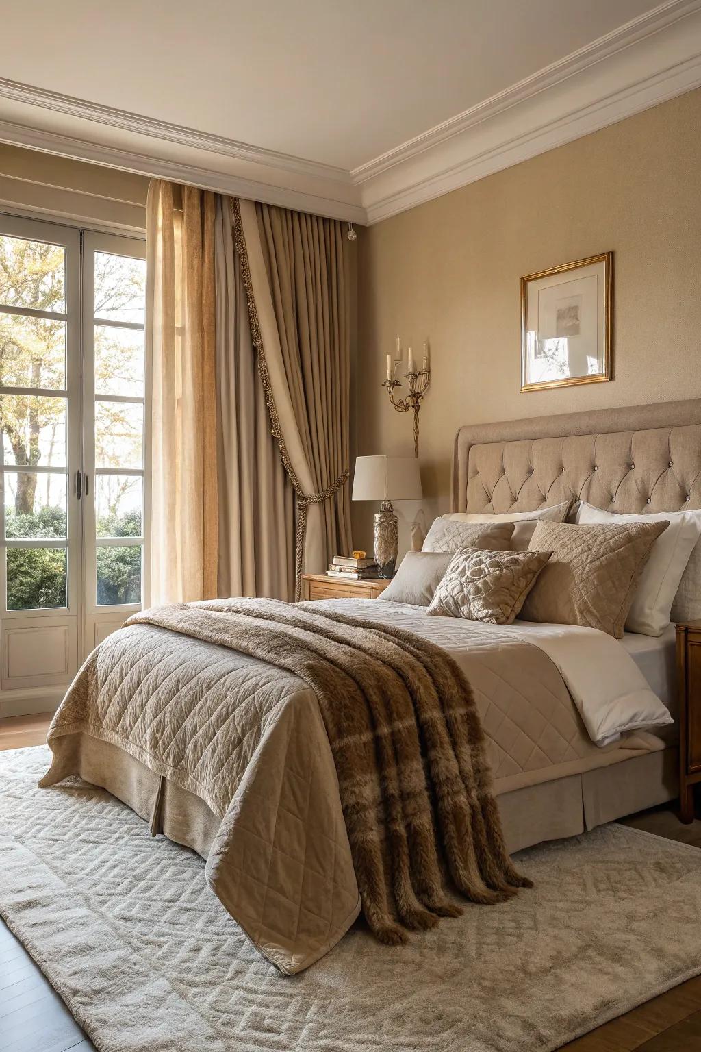 A deluxe bedroom displaying the richness of layered weaves.