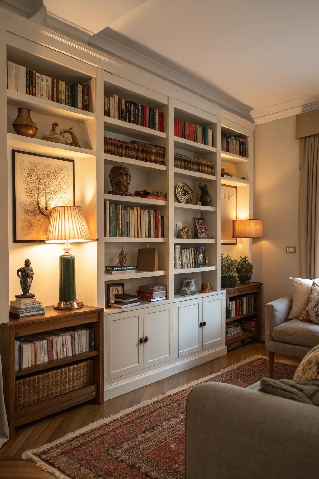 Soaring shelving systems provide elegance and practicality in this living room.