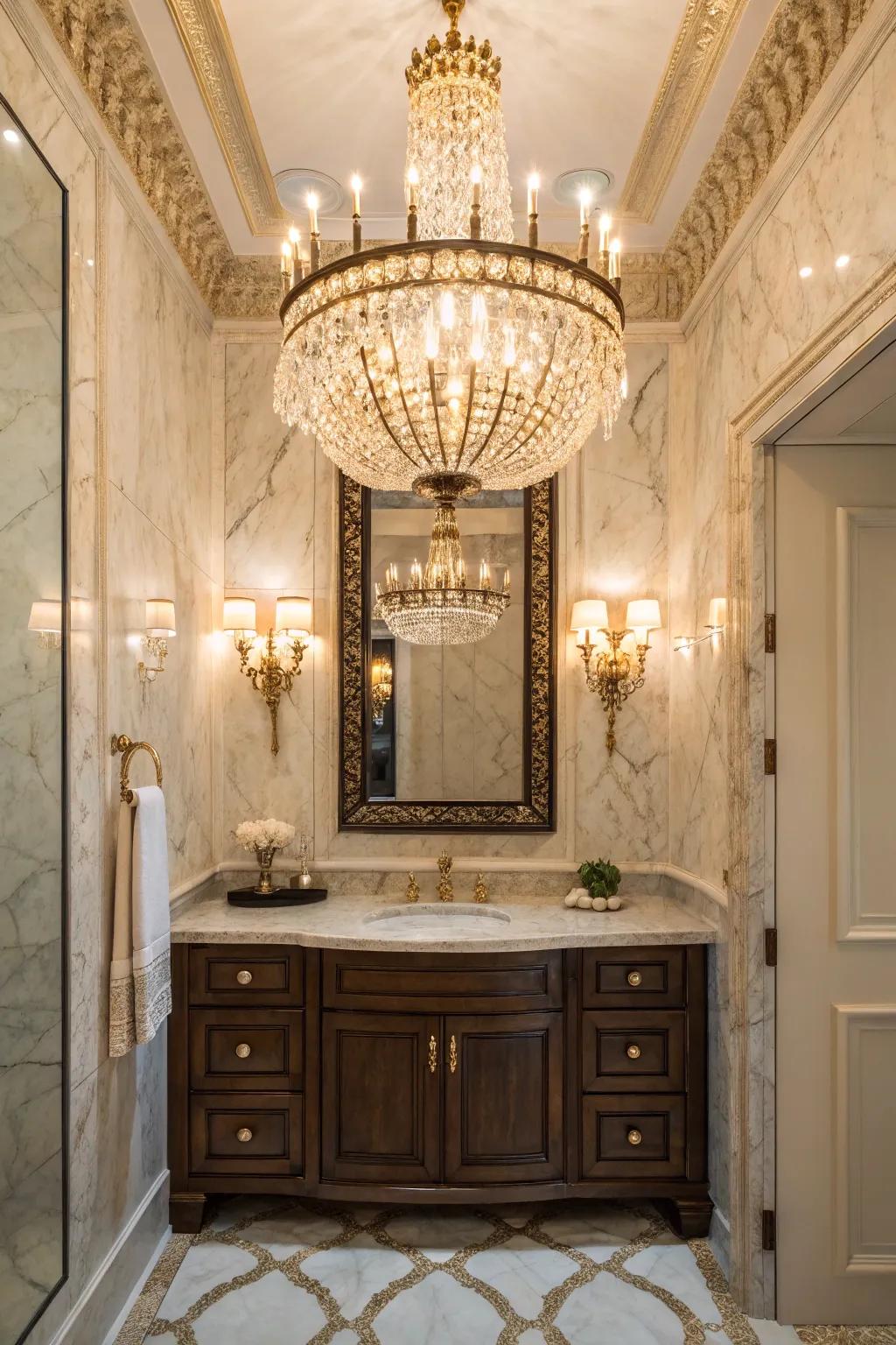Statement illumination transforms this washroom into a fascinating area.