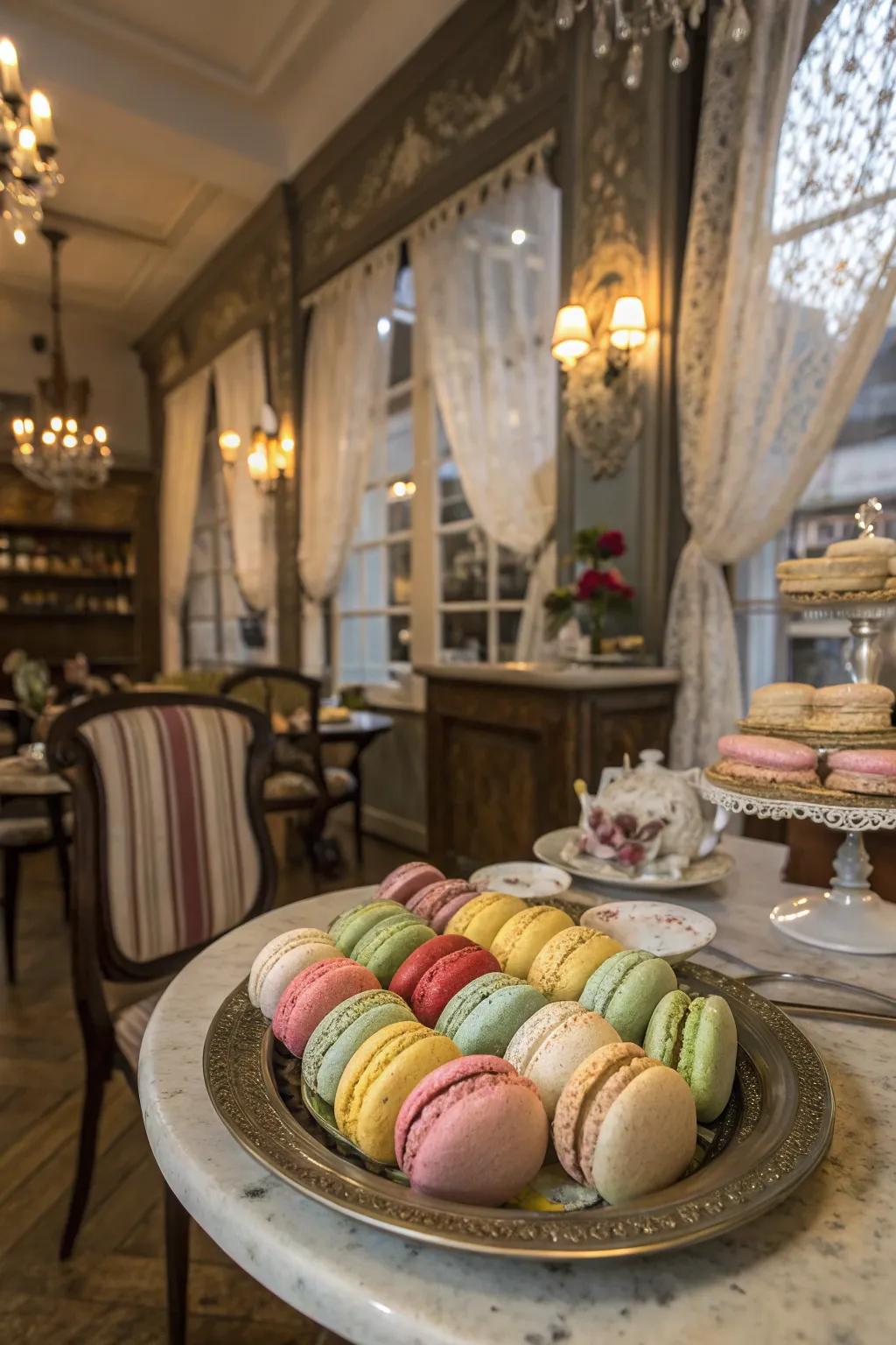Macarons inside a scenario inspired by a Parisian café.