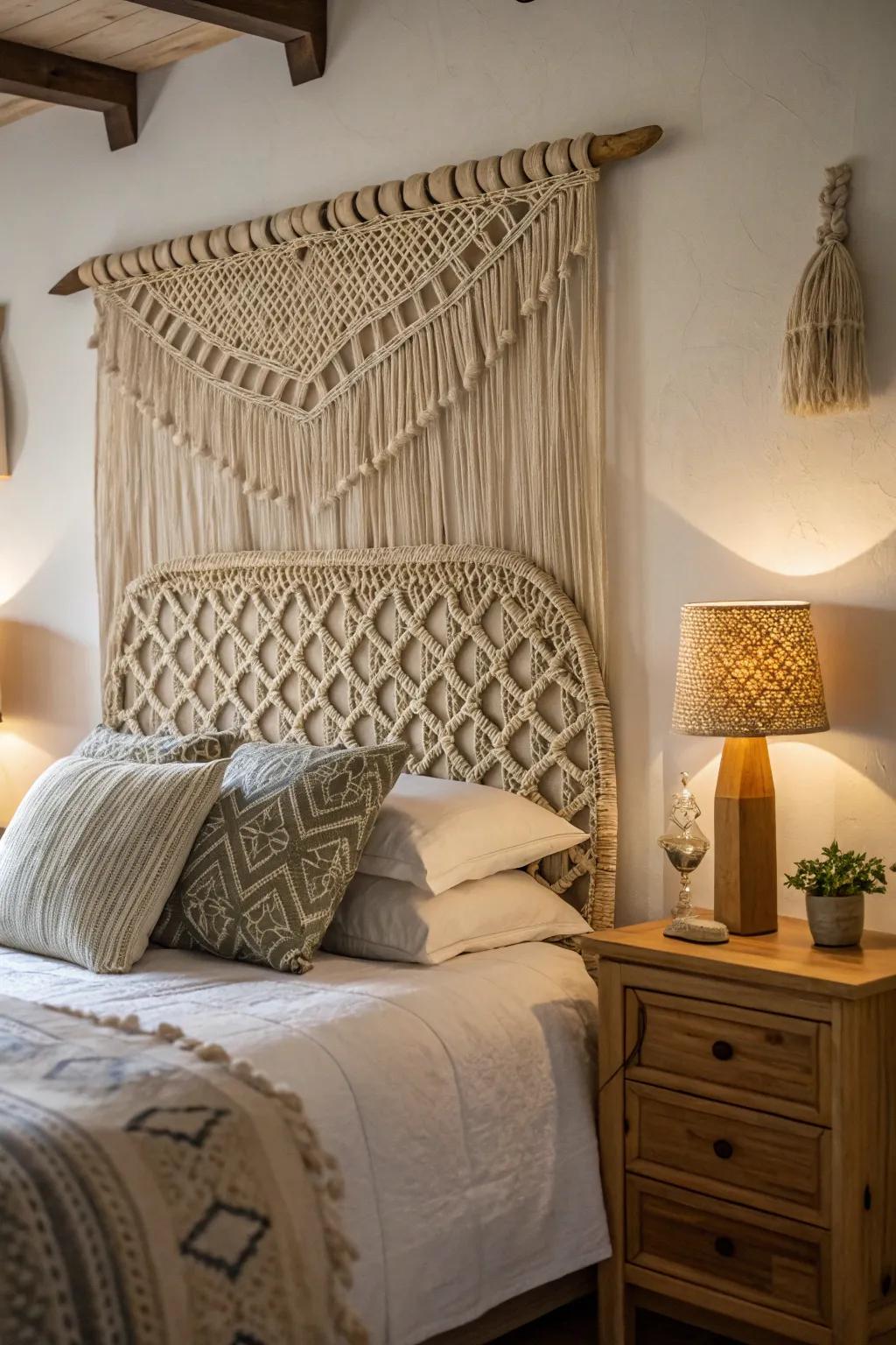Macrame bed frames adding luxury to a bedroom.
