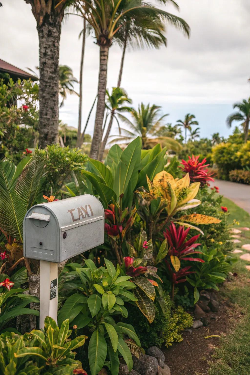 Exotic plants impart a bold statement to your mailbox setting.