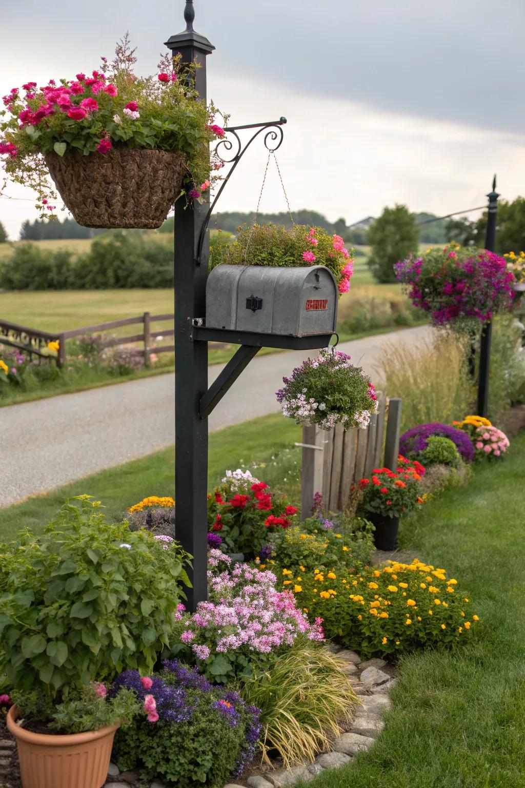 Adorn your mailbox with colorful planters and hanging baskets.