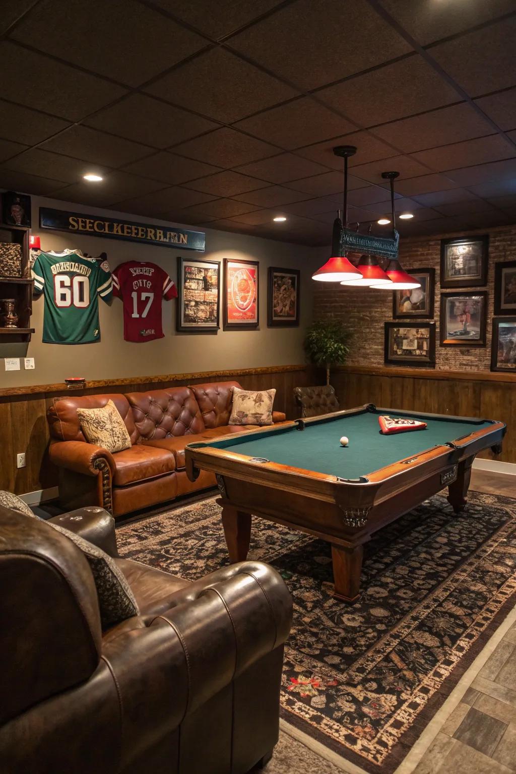 A stylish pool table nook providing entertainment in a man cave.