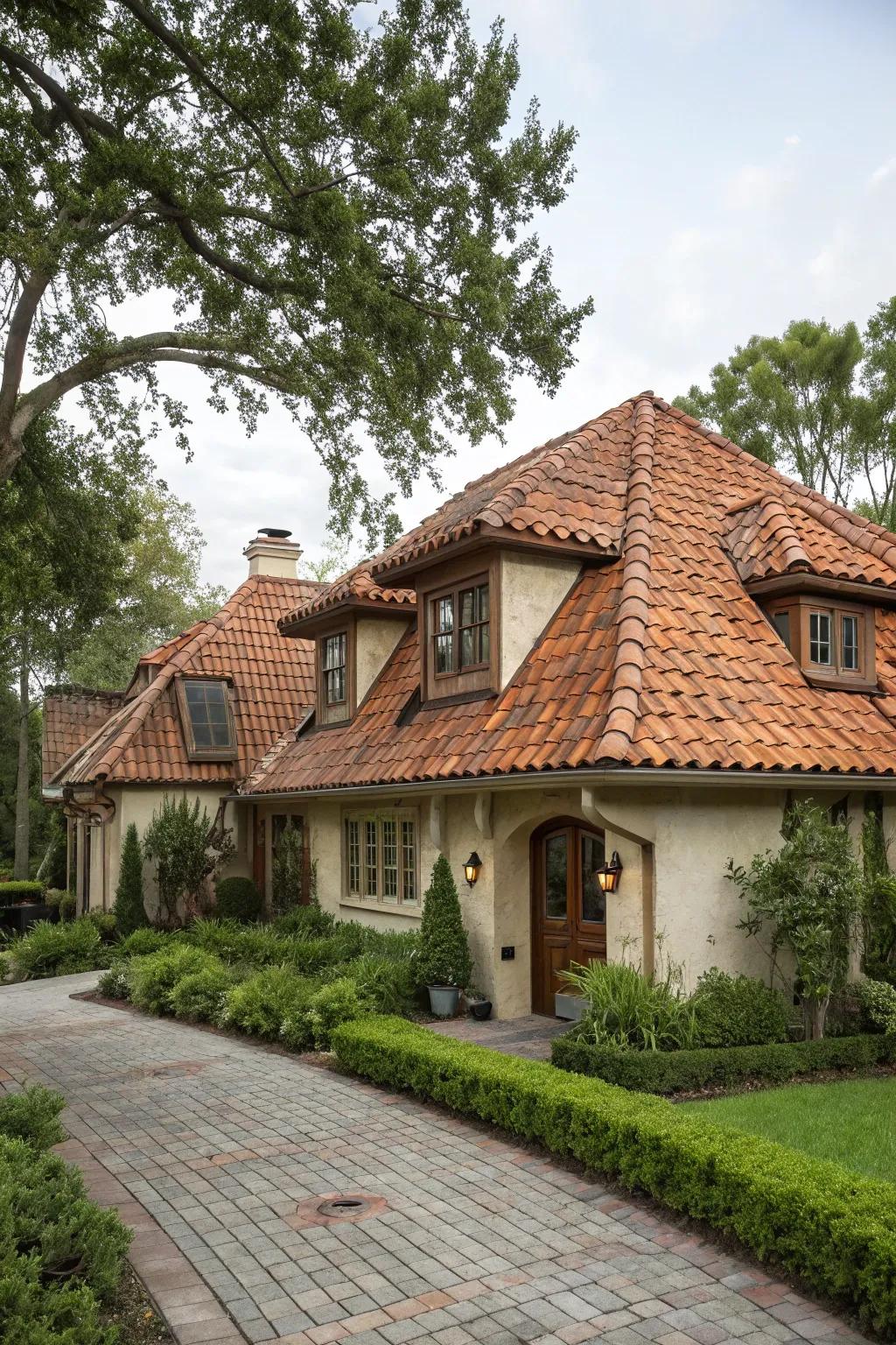 This mansard roof has warmth and character because of terracotta tiles.