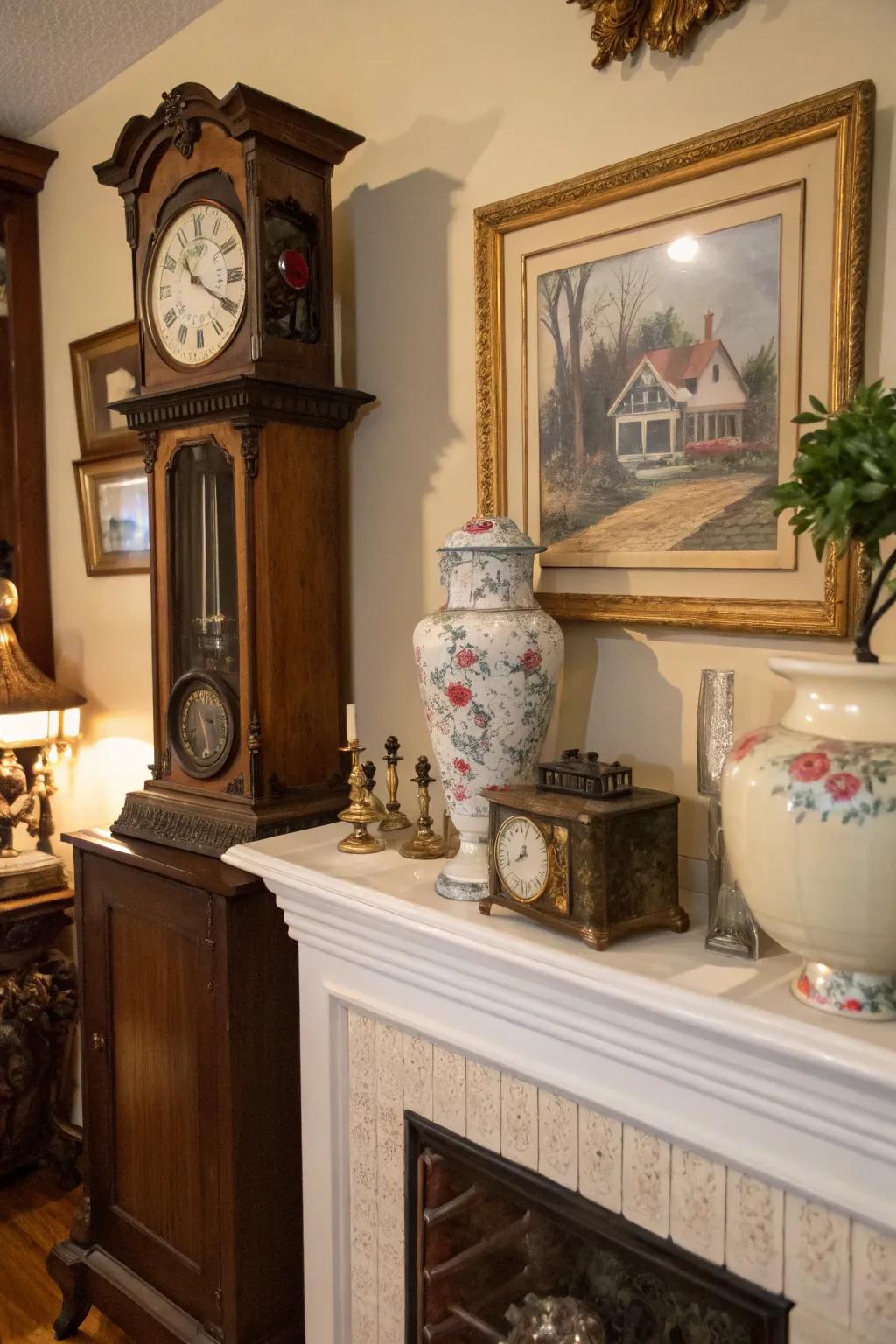 Vintage treasures enrich this mantel with charm and individuality.