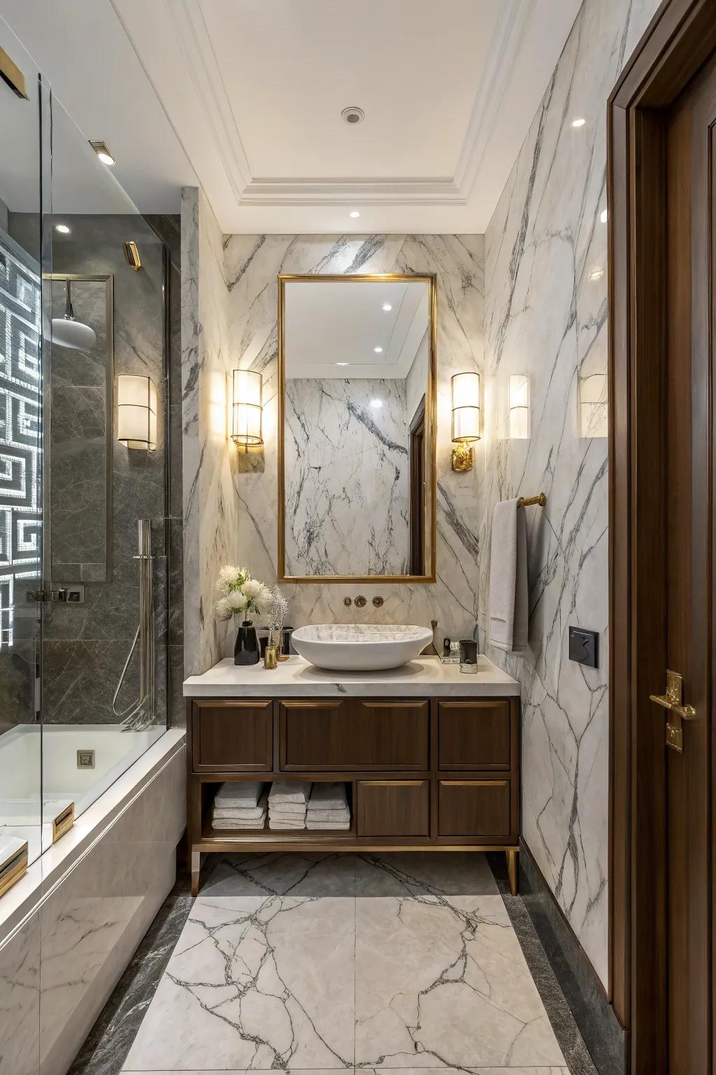 A marble feature wall acts as an arresting focal point.