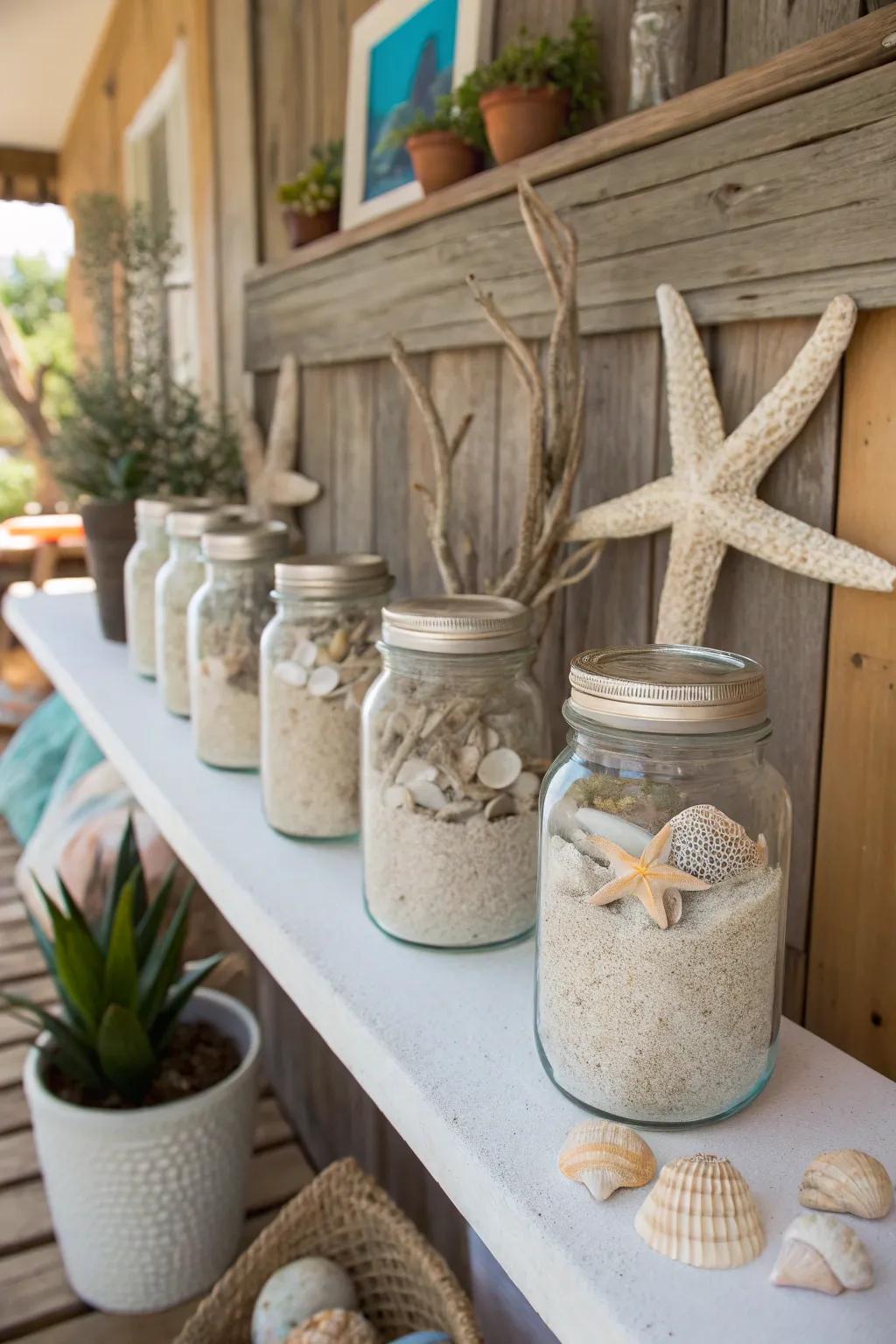 Bring the beach home with shell exhibits in preserving jars.