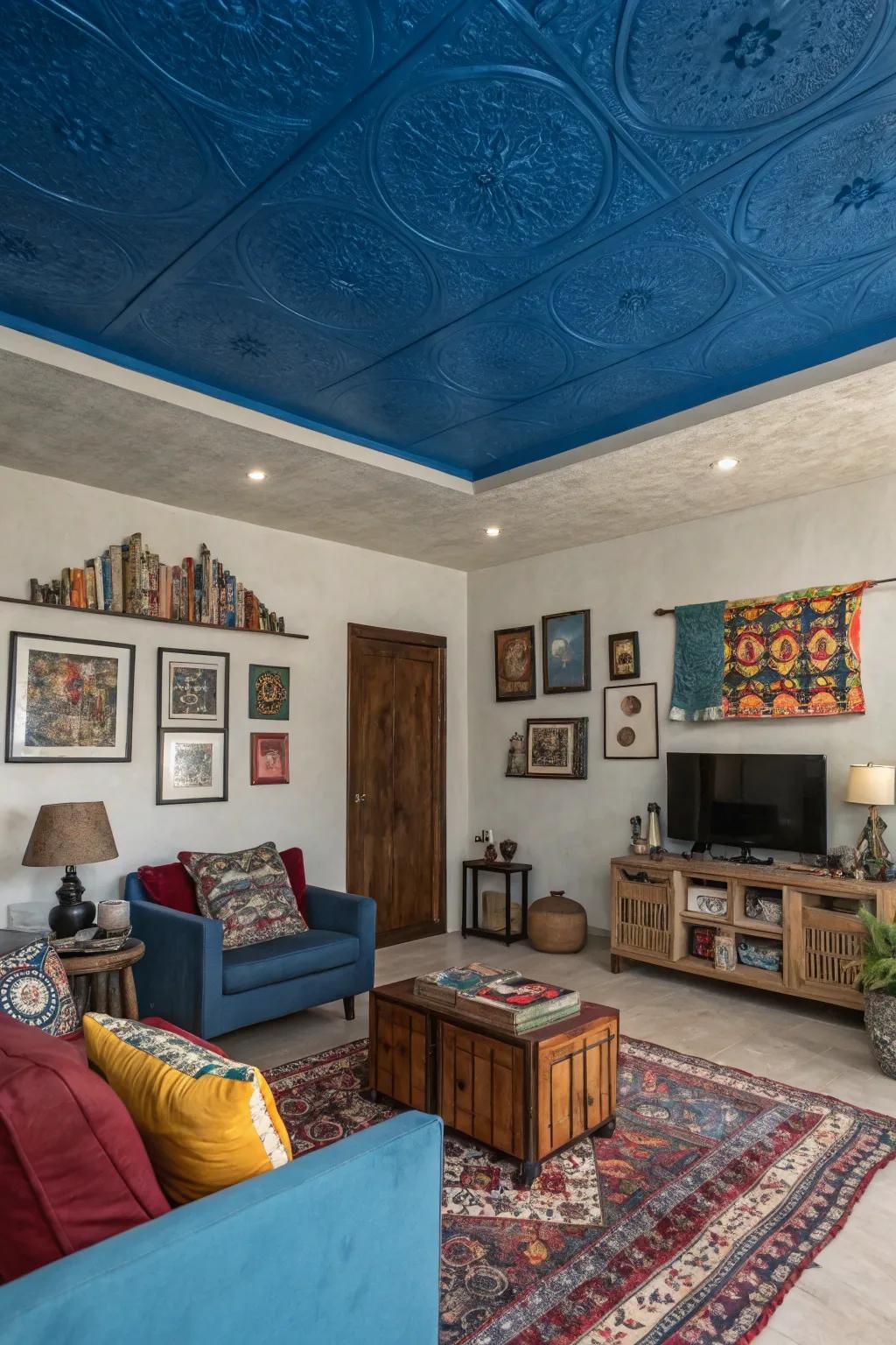 A painted ceiling introduces unexpected drama to this room.