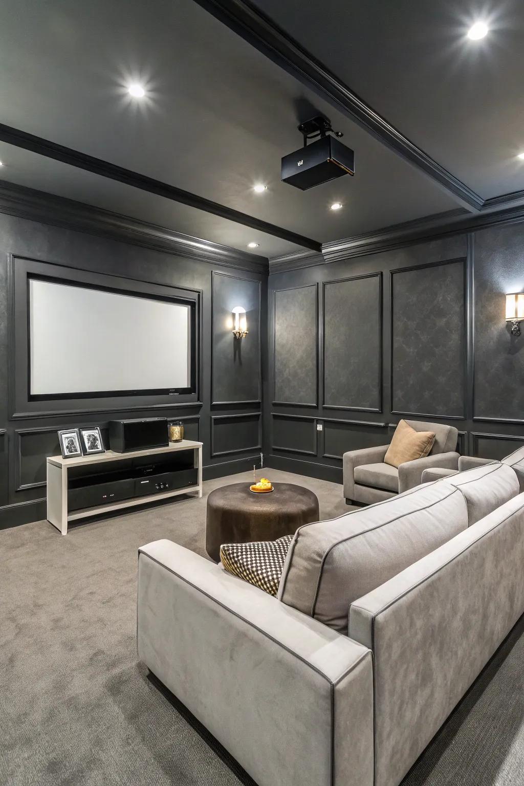 A sleek media room with graphite walls, embodying modern sophistication.