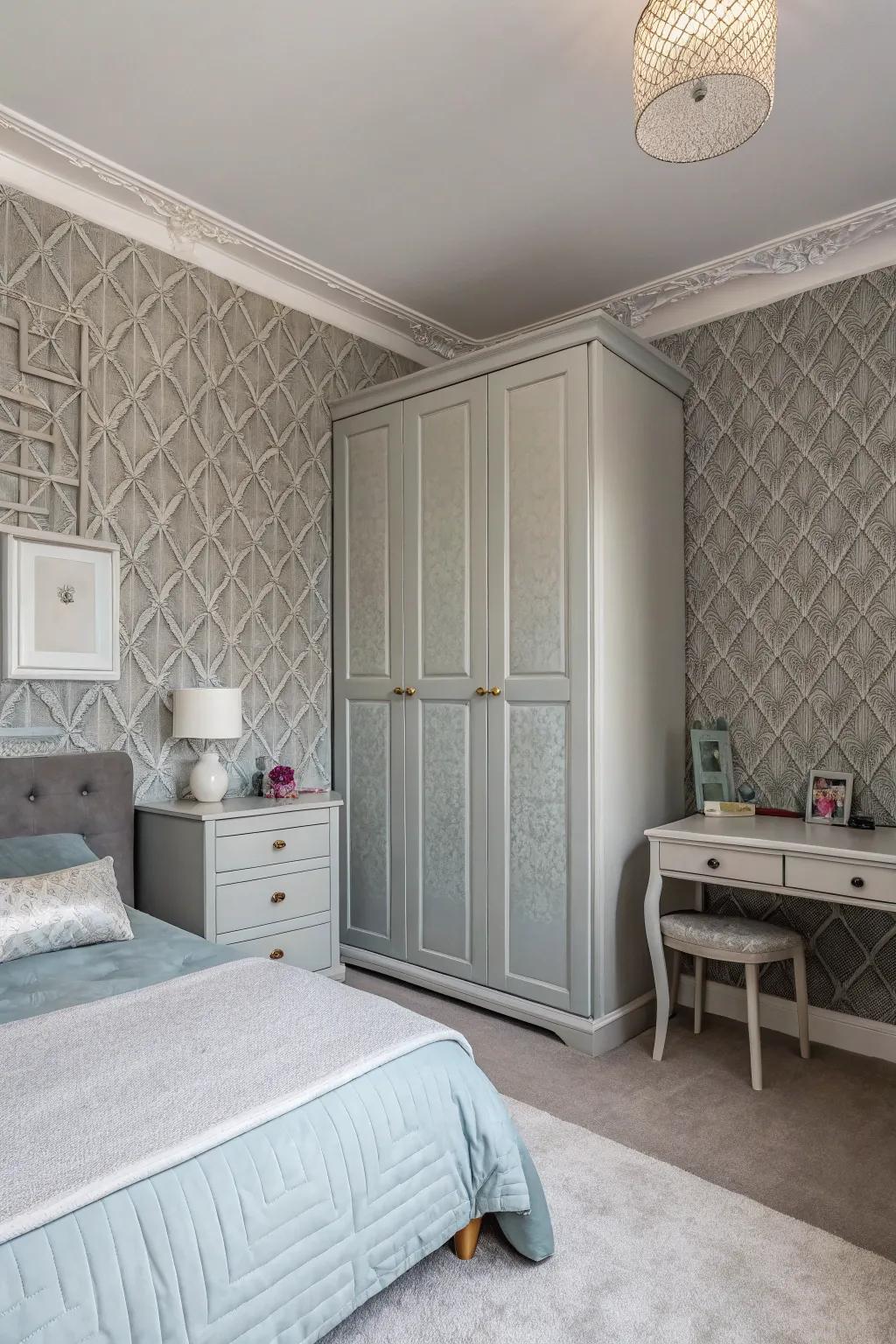 This grey bedroom is given dimension by textured wall panels.