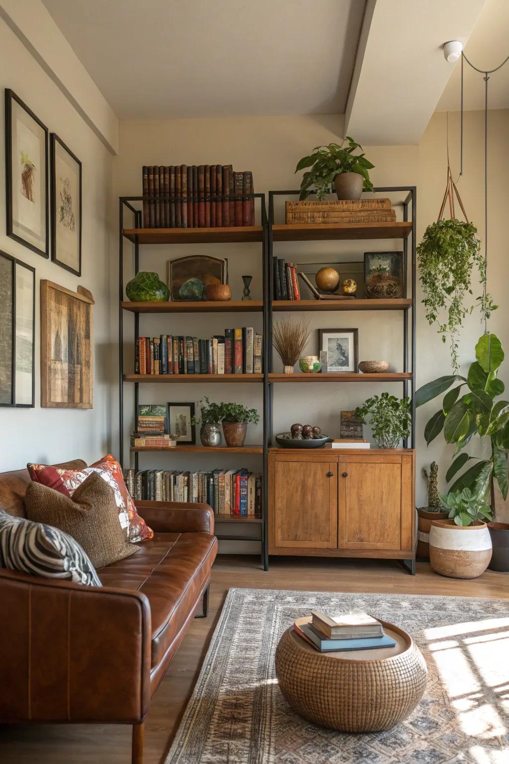 Exposed shelving offers a stylish and practical display solution.