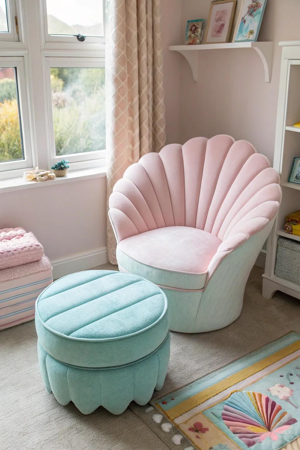 Shell-shaped furnishings add a sculptural element.