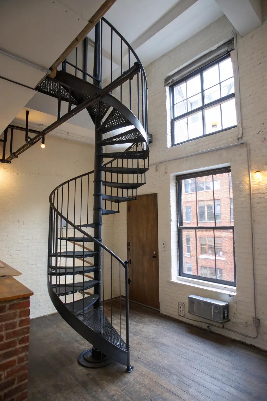 Preserve expanse elegantly through a compact winding stairway.