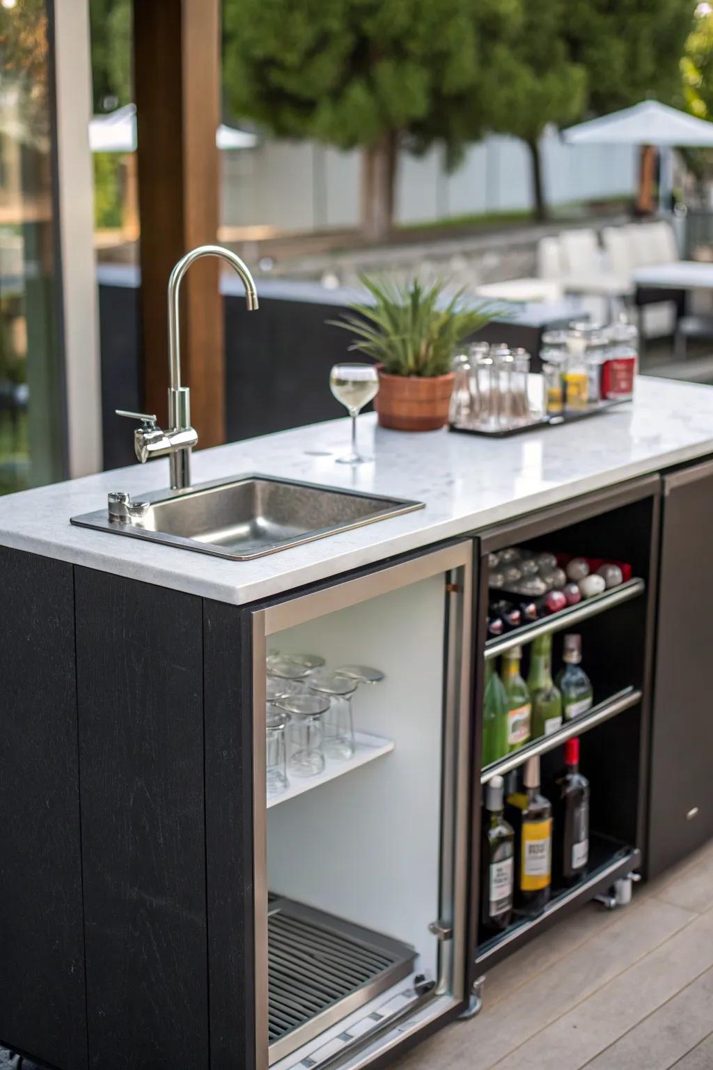 A small sink enhances the functionality and convenience of a home bar.