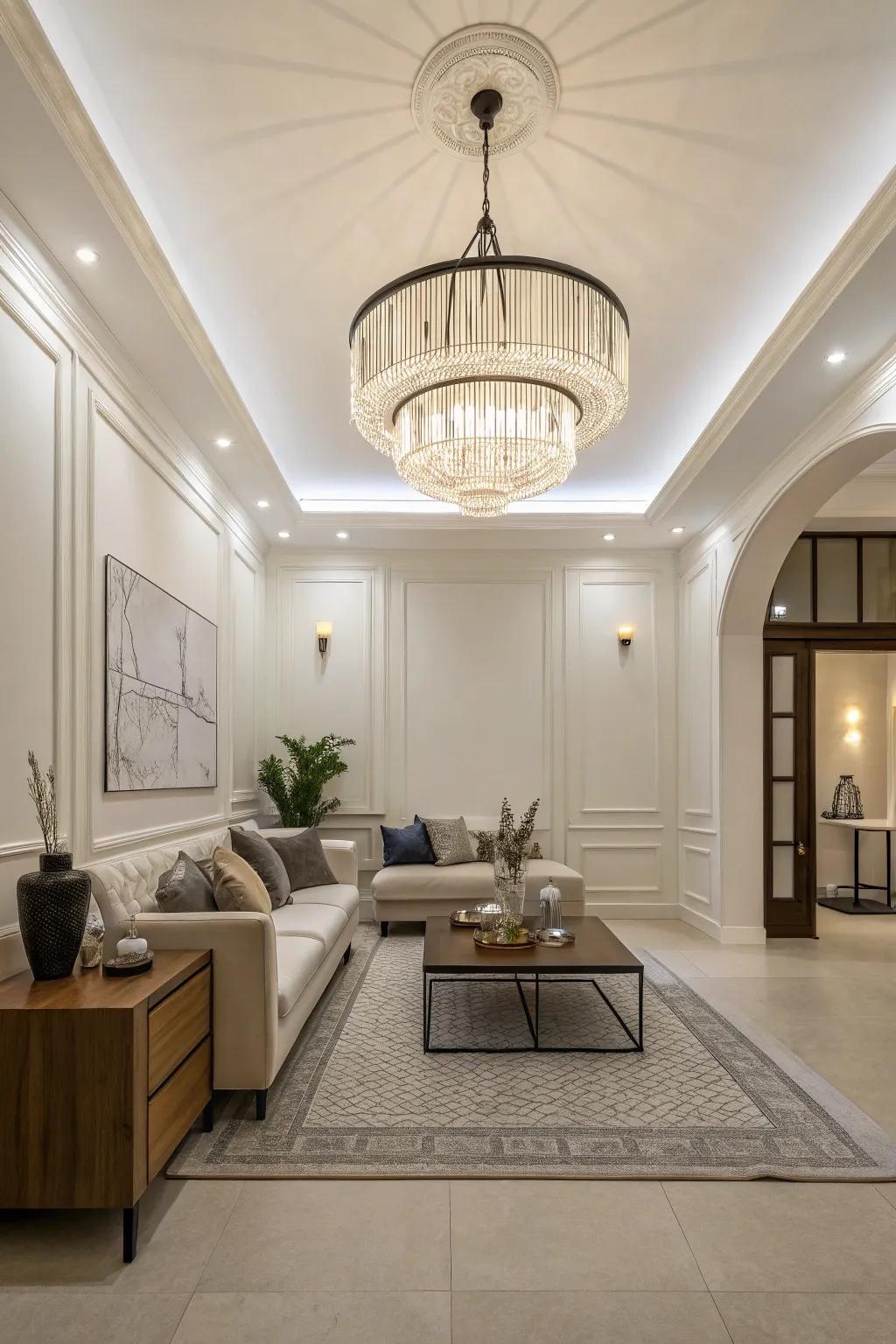 Artistic light installations function as ornamental décor in minimalist living spaces.