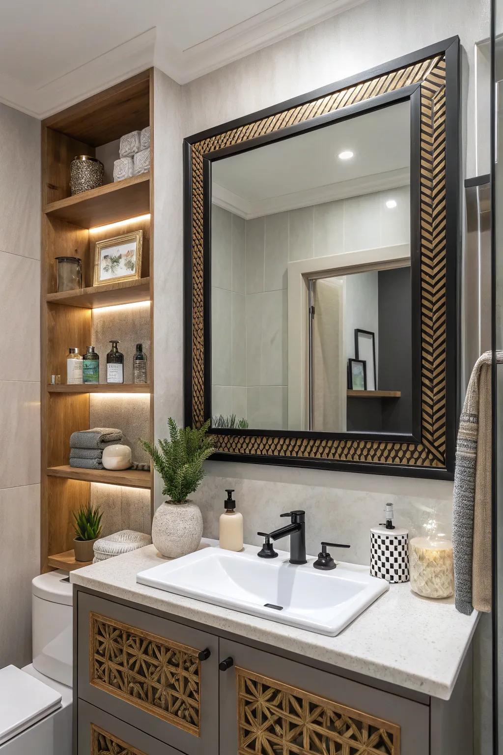 A mirror with integrated platforms introduces functionality to a modern lavatory.