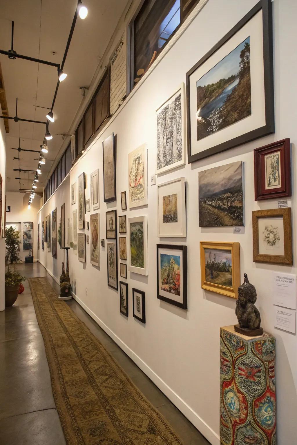 The gallery wall's impact is enhanced by these vertical arrangements.
