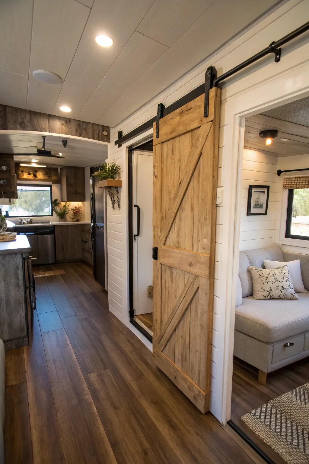 Rolling barn doors are a stylish and space-saving solution.