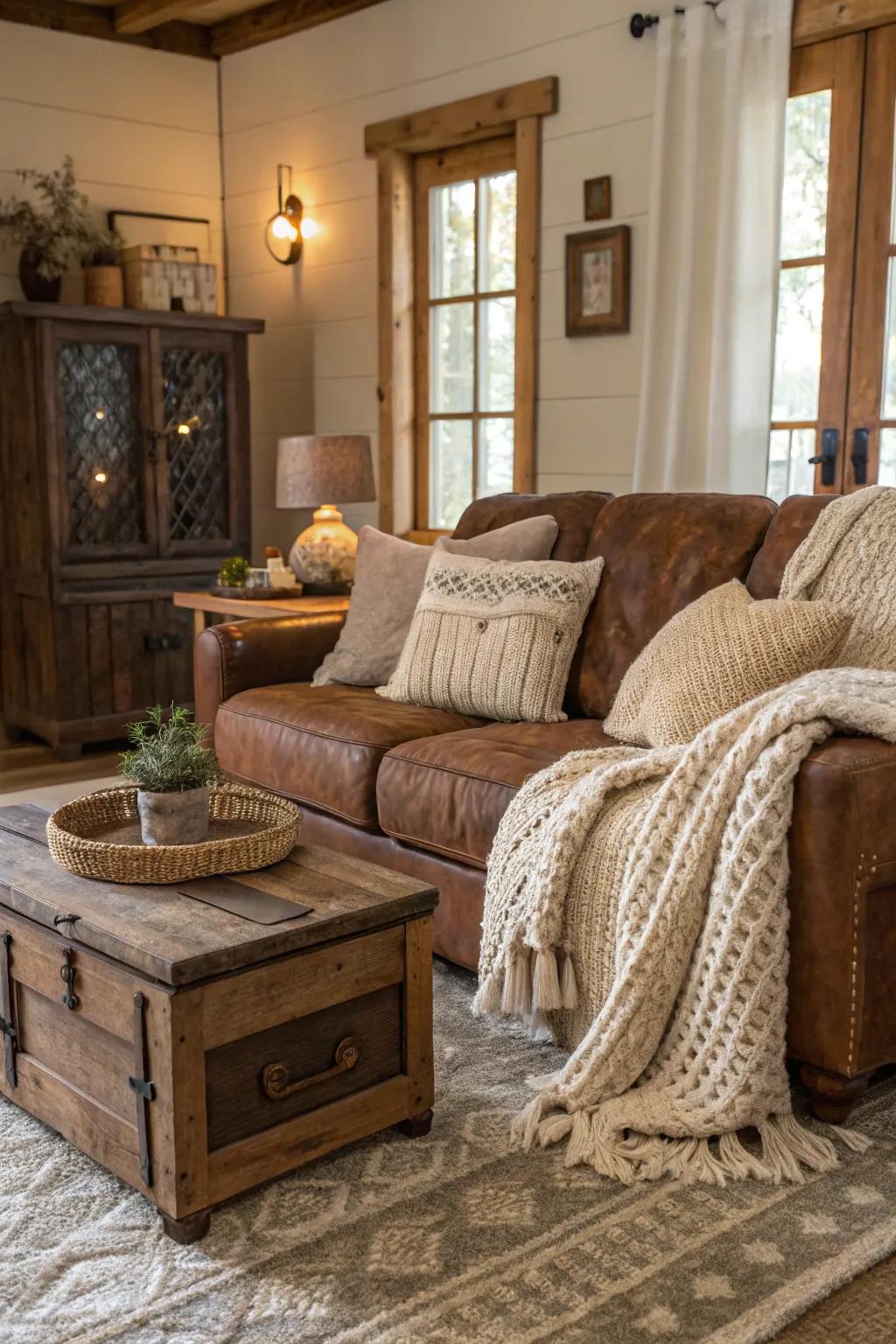 Country inspired elements establish a welcoming, cozy retreat near the cocoa sofa.
