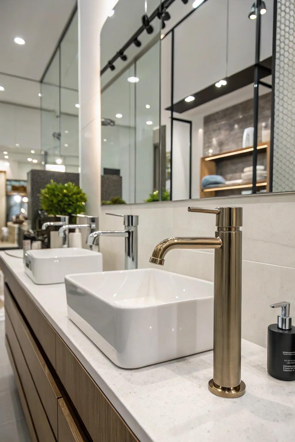 Updated hardware adds a fresh aesthetic to this contemporary bathroom.