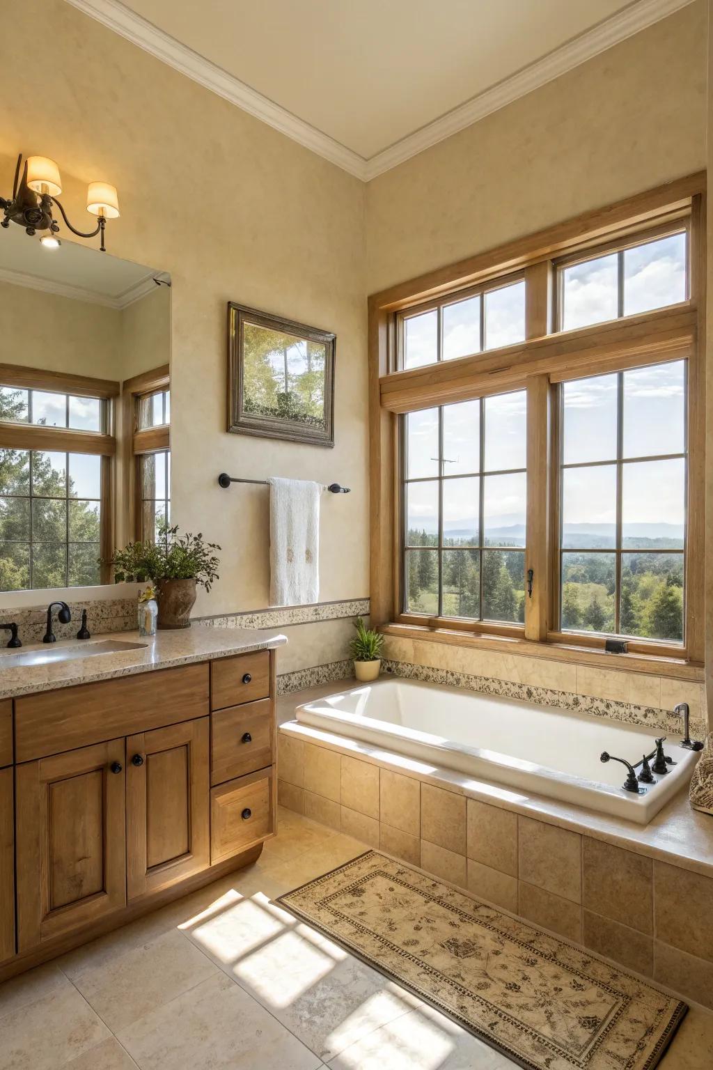 Ambient light enhances the tranquil atmosphere of a beige bathroom.
