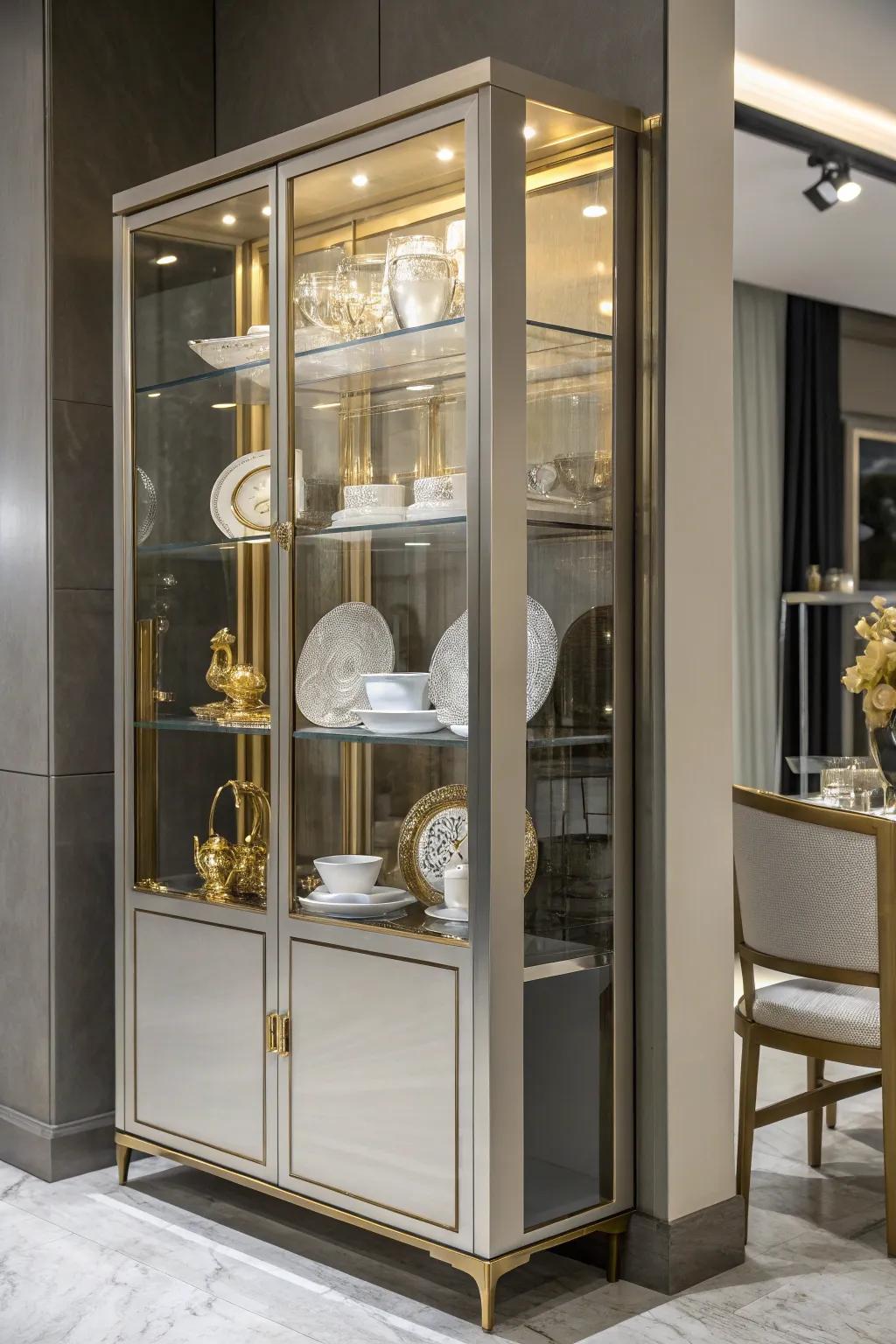 Glamorous gold accents in a display cabinet.
