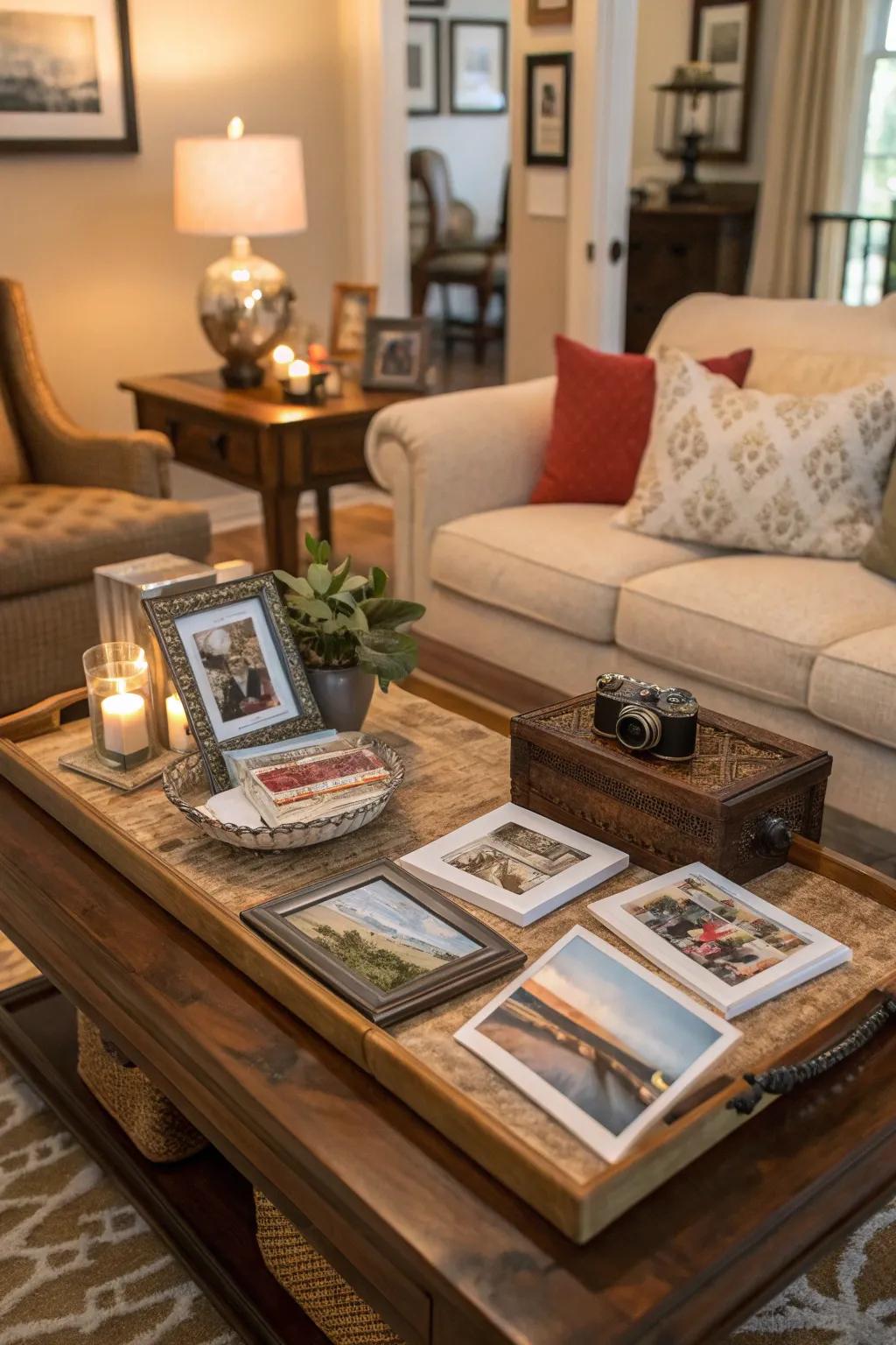 Personal items transform your coffee table uniquely.