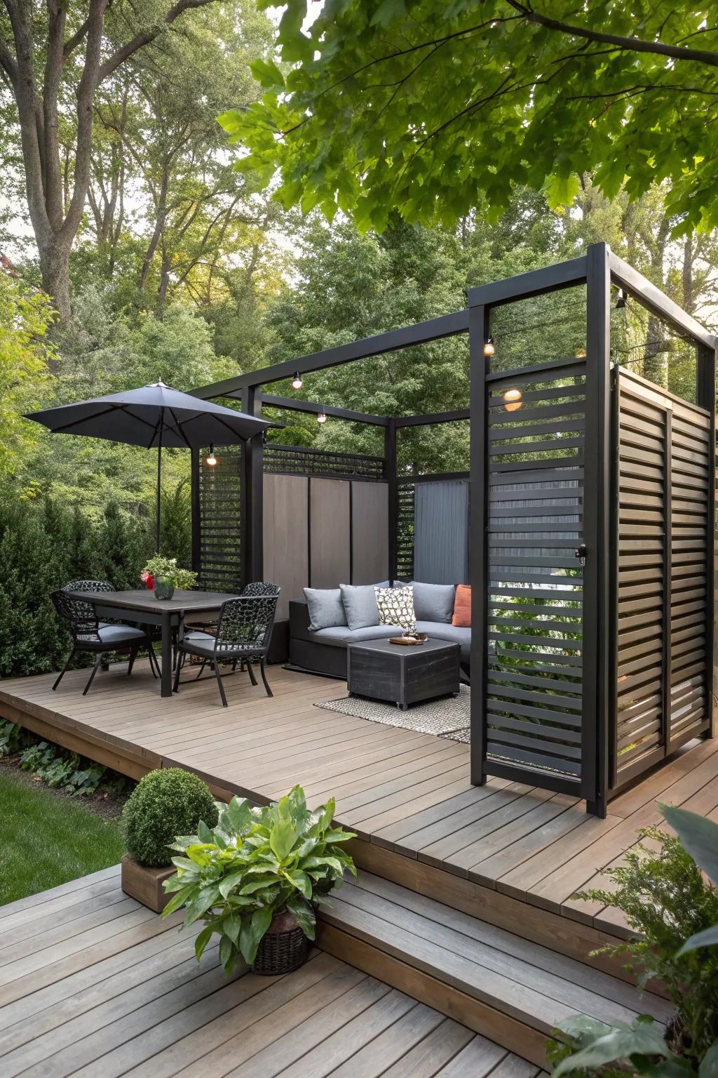 A deck with a seclusion screen for a private and snug retreat.
