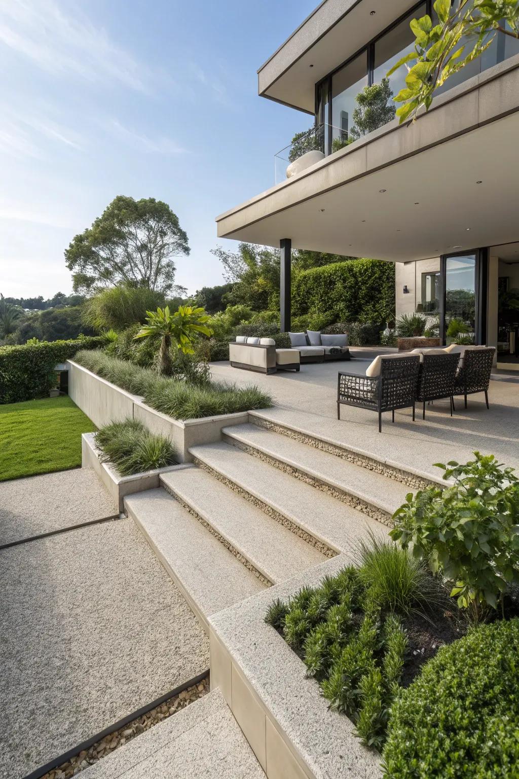 A multi-level design adds depth to the patio.