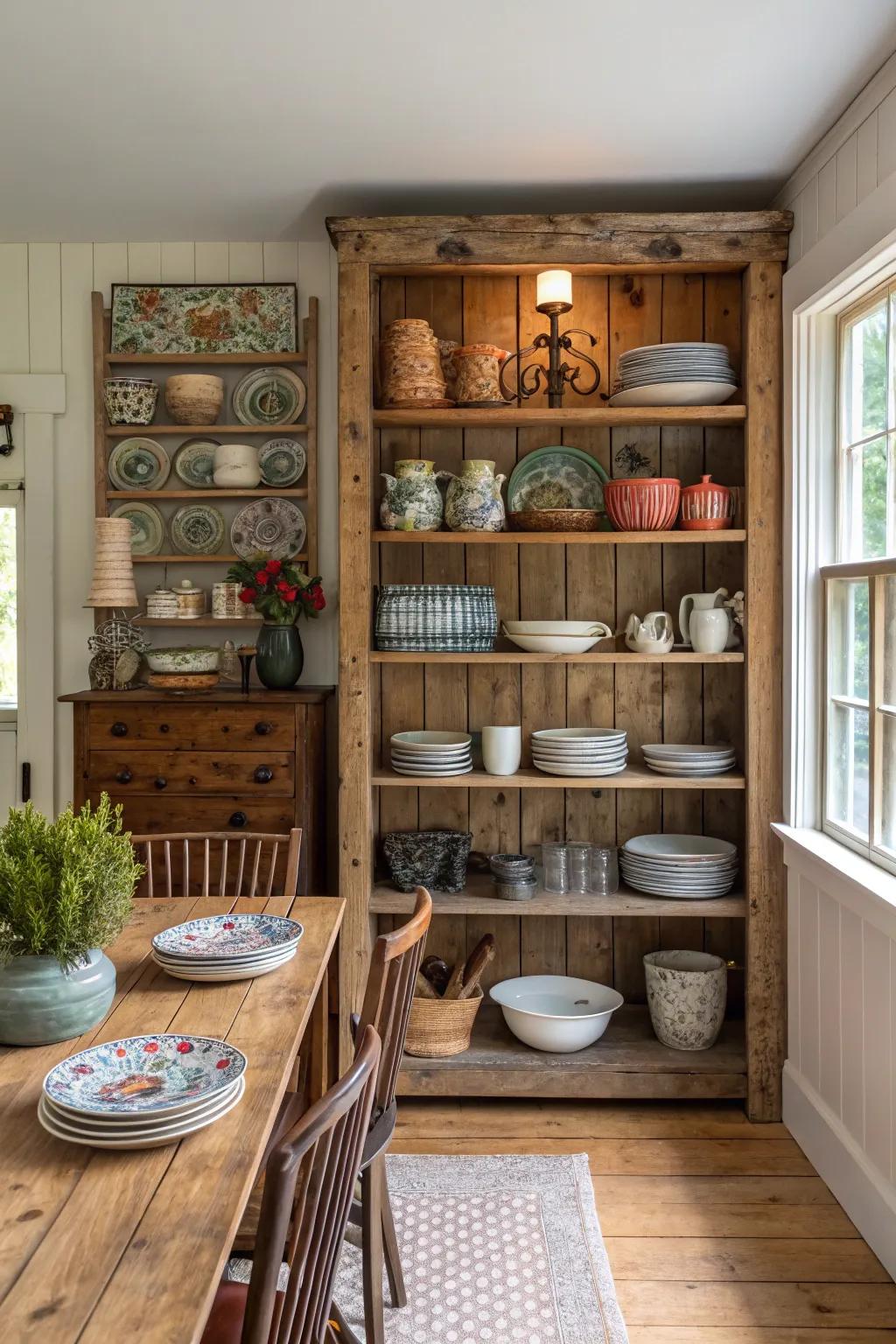 Exposed shelving enhances the room's accessibility and charm.