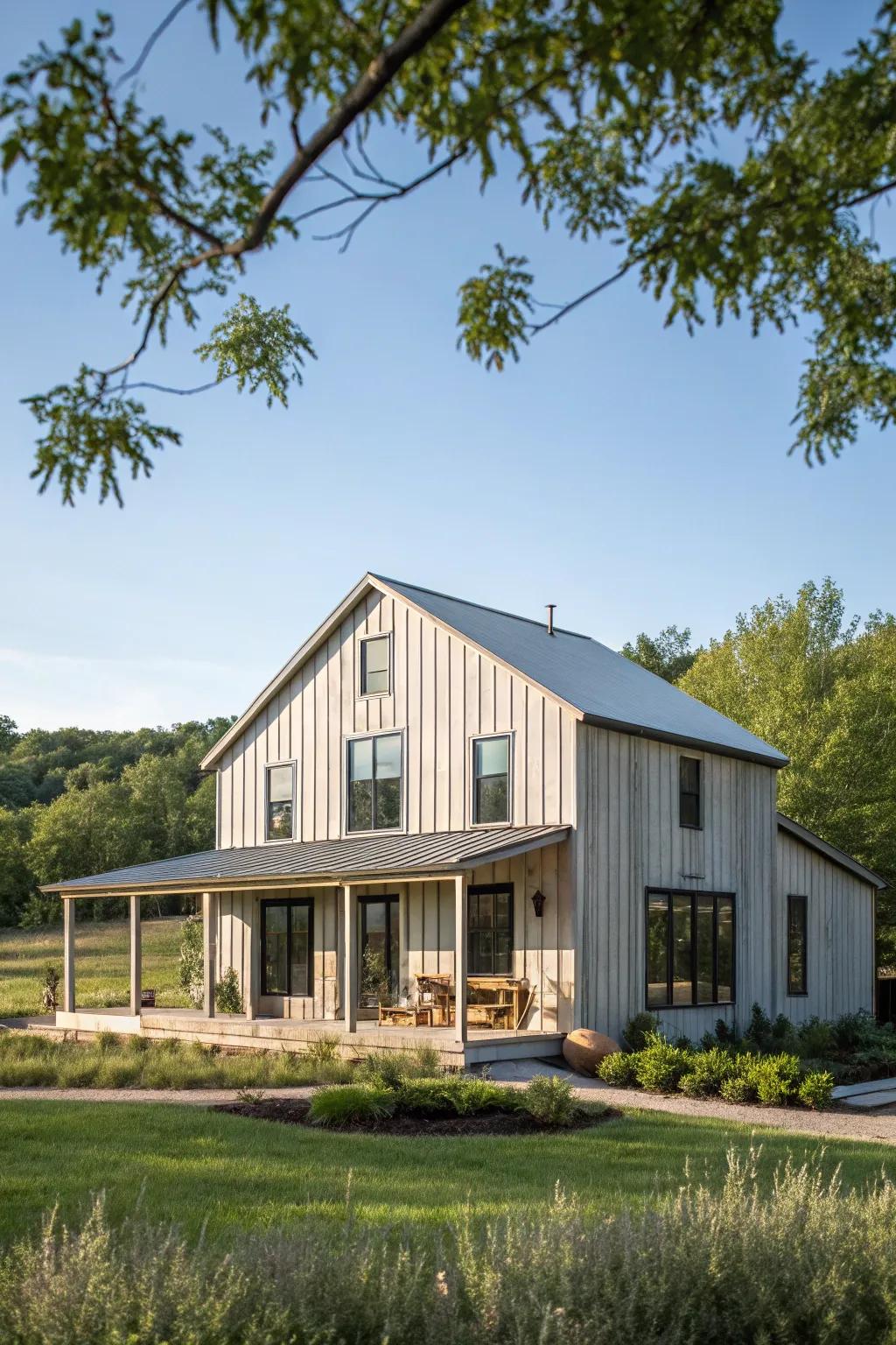 Vertical elegance: Siding that elevates the farmhouse's stature.