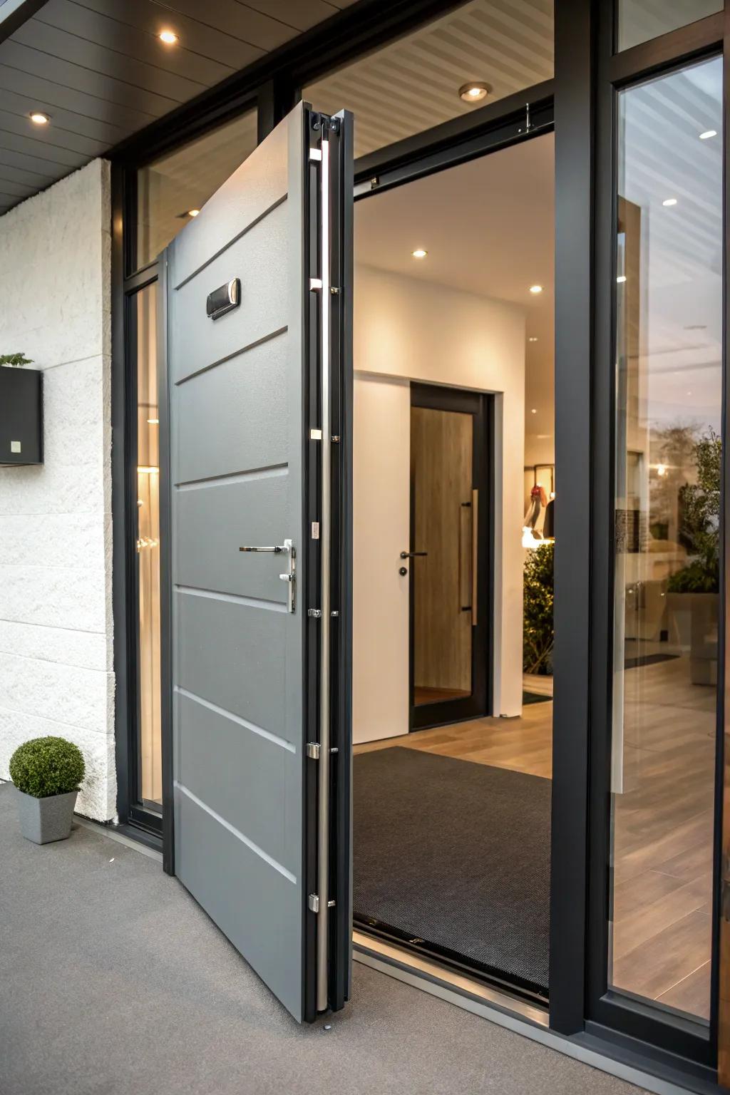 Swivel entryways introduce a contemporary and dramatic entrance.