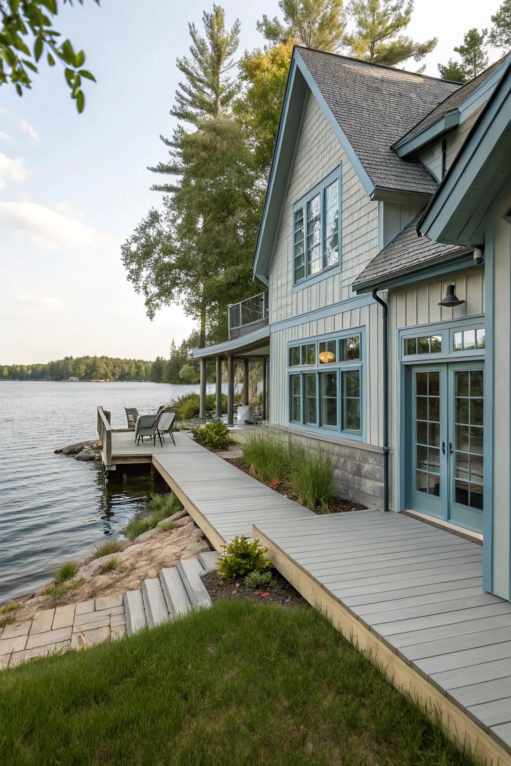 Pale grey and gentle sapphire for a peaceful lakeside retreat.