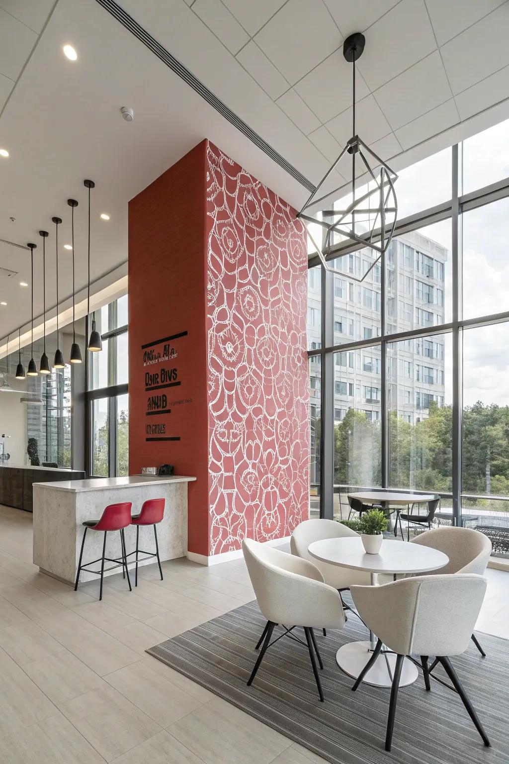 A modern interior emphasizes a striking accent wall.