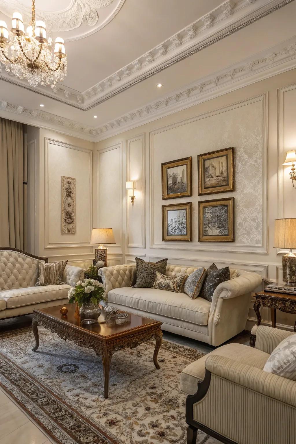 Elegant architectural detail is brought into the modern family room by using trim.