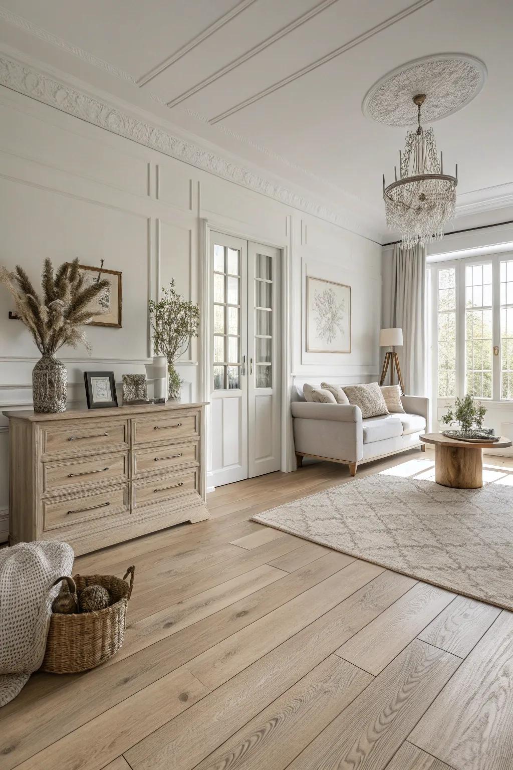 A single-tone scheme enhances the elegance of bright timber floors.